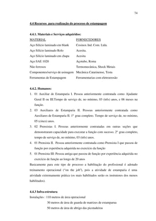74
4.4 Recursos para realização do processo de estampagem
4.4.1. Materiais e Serviços adquiridos:
MATERIAL

FORNECEDORES

Aço Silício laminado em blank

Cosinox Ind. Com. Ltda.

Aço Silício laminado Rolo

Acesita.

Aço Silício laminado em chapa

Acesita

Aço SAE 1020

Açotubo, Roma

Não ferrosos

Termomecânica, Shock Metais

Componentes/serviço de usinagem Mecânica Catarinense, Testa
Ferramentas de Estampagem

Ferramentarias com eletroerosão

4.4.2. Humanos:
1. 01 Auxiliar de Estamparia I. Pessoa anteriormente contratada como Ajudante
Geral II ou III.Tempo de serviço de, no mínimo, 03 (três) anos, e 06 meses na
função.
2. 03 Auxiliares de Estamparia II. Pessoas anteriormente contratada como
Auxiliares de Estamparia II. 1º grau completo. Tempo de serviço de, no mínimo,
05 (cinco) anos.
3. 02 Prensistas I. Pessoas anteriormente contratadas em outras seções que
demonstraram capacidade para executar a função com sucesso. 2º grau completo,
tempo de serviço de, no mínimo, 03 (três) anos.
4. 01 Prensista II. Pessoa anteriormente contratada como Prensista I que passou de
função por experiência adquirida no exercício da função
5. 01 Prensista III: Pessoa antiga que passou de função por experiência adquirida no
exercício de função ao longo de 20 anos
Basicamente para este tipo de processo a habilitação do profissional é adotado
treinamento operacional (“ on the job”), pois a atividade de estamparia é uma
atividade extremamente prática (os mais habilitados serão os instrutores dos menos
habilitados).
4.4.3 Infra-estrutura
Instalações : 110 metros de área operacional
30 metros de área de guarda de matrizes de estamparua
50 metros de área de abrigo das picotadeiras

 