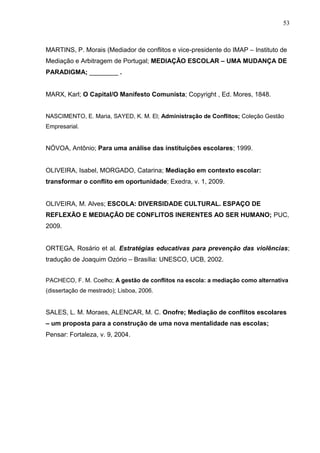 53



MARTINS, P. Morais (Mediador de conflitos e vice-presidente do IMAP – Instituto de
Mediação e Arbitragem de Portugal; MEDIAÇÃO ESCOLAR – UMA MUDANÇA DE
PARADIGMA; ________ .


MARX, Karl; O Capital/O Manifesto Comunista; Copyright , Ed. Mores, 1848.


NASCIMENTO, E. Maria, SAYED, K. M. El; Administração de Conflitos; Coleção Gestão
Empresarial.


NÓVOA, Antônio; Para uma análise das instituições escolares; 1999.


OLIVEIRA, Isabel, MORGADO, Catarina; Mediação em contexto escolar:
transformar o conflito em oportunidade; Exedra, v. 1, 2009.


OLIVEIRA, M. Alves; ESCOLA: DIVERSIDADE CULTURAL. ESPAÇO DE
REFLEXÃO E MEDIAÇÃO DE CONFLITOS INERENTES AO SER HUMANO; PUC,
2009.


ORTEGA, Rosário et al. Estratégias educativas para prevenção das violências;
tradução de Joaquim Ozório – Brasília: UNESCO, UCB, 2002.


PACHECO, F. M. Coelho; A gestão de conflitos na escola: a mediação como alternativa
(dissertação de mestrado); Lisboa, 2006.


SALES, L. M. Moraes, ALENCAR, M. C. Onofre; Mediação de conflitos escolares
– um proposta para a construção de uma nova mentalidade nas escolas;
Pensar: Fortaleza, v. 9, 2004.
 