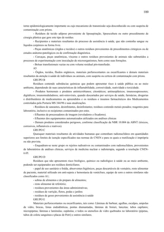 torne epidemiologicamente importante ou cujo mecanismo de transmissão seja desconhecido ou com suspeita de
contaminação com príons.
- Resíduos de tecido adiposo proveniente de lipoaspiração, lipoescultura ou outro procedimento de
cirurgia plástica que gere este tipo de resíduo.
- Recipientes e materiais resultantes do processo de assistência à saúde, que não contenha sangue ou
líquidos corpóreos na forma livre.
- Peças anatômicas (órgãos e tecidos) e outros resíduos provenientes de procedimentos cirúrgicos ou de
estudos anátomo-patológicos ou de confirmação diagnóstica.
- Carcaças, peças anatômicas, vísceras e outros resíduos provenientes de animais não submetidos a
processos de experimentação com inoculação de microorganismos, bem como suas forrações.
- Bolsas transfusionais vazias ou com volume residual pós-transfusão.
A5
- Órgãos, tecidos, fluidos orgânicos, materiais perfurocortantes ou escarificantes e demais materiais
resultantes da atenção à saúde de indivíduos ou animais, com suspeita ou certeza de contaminação com príons.
GRUPO B
Resíduos contendo substâncias químicas que podem apresentar risco à saúde pública ou ao meio
ambiente, dependendo de suas características de inflamabilidade, corrosividade, reatividade e toxicidade.
- Produtos hormonais e produtos antimicrobianos; citostáticos; antineoplásicos; imunossupressores;
digitálicos; imunomoduladores; anti-retrovirais, quando descartados por serviços de saúde, farmácias, drogarias
e distribuidores de medicamentos ou apreendidos e os resíduos e insumos farmacêuticos dos Medicamentos
controlados pela Portaria MS 344/98 e suas atualizações.
- Resíduos de saneantes, desinfetantes, desinfestantes; resíduos contendo metais pesados; reagentes para
laboratório, inclusive os recipientes contaminados por estes.
- Efluentes de processadores de imagem (reveladores e fixadores).
- Efluentes dos equipamentos automatizados utilizados em análises clínicas
- Demais produtos considerados perigosos, conforme classificação da NBR 10.004 da ABNT (tóxicos,
corrosivos, inflamáveis e reativos).
GRUPO C
Quaisquer materiais resultantes de atividades humanas que contenham radionuclídeos em quantidades
superiores aos limites de isenção especificados nas normas do CNEN e para os quais a reutilização é imprópria
ou não prevista.
- Enquadram-se neste grupo os rejeitos radioativos ou contaminados com radionuclídeos, provenientes
de laboratórios de análises clinicas, serviços de medicina nuclear e radioterapia, segundo a resolução CNEN-
6.05.
GRUPO D
Resíduos que não apresentem risco biológico, químico ou radiológico à saúde ou ao meio ambiente,
podendo ser equiparados aos resíduos domiciliares.
- papel de uso sanitário e fralda, absorventes higiênicos, peças descartáveis de vestuário, resto alimentar
de paciente, material utilizado em anti-sepsia e hemostasia de venóclises, equipo de soro e outros similares não
classificados como A1;
- sobras de alimentos e do preparo de alimentos;
- resto alimentar de refeitório;
- resíduos provenientes das áreas administrativas;
- resíduos de varrição, flores, podas e jardins
- resíduos de gesso provenientes de assistência à saúde
GRUPO E
Materiais perfurocortantes ou escarificantes, tais como: Lâminas de barbear, agulhas, escalpes, ampolas
de vidro, brocas, limas endodônticas, pontas diamantadas, lâminas de bisturi, lancetas; tubos capilares;
micropipetas; lâminas e lamínulas; espátulas; e todos os utensílios de vidro quebrados no laboratório (pipetas,
tubos de coleta sanguínea e placas de Petri) e outros similares.
100
 