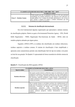 CLASSIFICAÇÃO DOS RSS SEGUNDO A NBR 12808 / 1993 – ABNT
Exemplos de resíduos
Classe C – Resíduo Comum
Todos aqueles que não se enquadram nos tipos A e B e que, possuam
semelhança aos resíduos domésticos, não oferecem risco adicional à
saúde pública. P.ex: resíduos da atividade administrativa, dos serviços
de varrição e limpeza de jardins e resíduos alimentares que não
entraram em contato com pacientes.
2.2.3.2. Sistemas de classificação internacionais
Em nível internacional algumas organizações que apresentam e adotam sistemas
de classificações próprios. Dentre as quais a Environmental Protection Agency – EPA, World
Helth Organization – WHO, Organização Pan-Americana da Saúde – OPAS, além de
modelos próprios adotados por alguns países.
Segundo a OPAS (1997), os resíduos são classificados em resíduos infecciosos,
resíduos especiais e resíduos comuns. O sistema de classificação é bem simplificado e
apresenta como características permite uma identificação fácil do tipo de resíduo e do ponto
ou local de sua geração. No Quadro 5 é apresentada de forma resumida do referido sistema de
classificação.
Quadro 5 - Classificação dos RSS segundo a OPAS.
CLASSIFICAÇÃO DOS RSS SEGUNDO A OPAS
Tipo de resíduo Características
Resíduos infecciosos
São aqueles gerados durante as diferentes etapas do atendimento de saúde
(diagnóstico, tratamento, imunizações, pesquisas, etc.) que contêm agentes
patogênicos. Por exemplo: materiais provenientes das salas de isolamento
dos pacientes, materiais biológicos, sangue humano e hemoderivados,
resíduos anatômicos patológicos e cirúrgicos, resíduos perfurocortantes e
resíduos de animais
Resíduos especiais
São os gerados durante as atividades auxiliares dos estabelecimentos de
saúde, que não entraram em contato com os pacientes nem com os agentes
infecciosos. Constituem um perigo para a saúde devido a suas
características agressivas, como corrosividade, reatividade,
inflamabilidade, toxicidade, explosividade e radioatividade. Por exemplo:
resíduos químicos perigosos, resíduos farmacêuticos e resíduos
radioativos
27
 