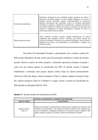 Resíduos não anatômicos
Recipientes descartáveis que contenham sangue, materiais de curativo e
sutura que contenham sangue ou outros líquidos biológicos, tais como os
líquidos sinovial, pericárdio, pleural, cefalorraquidiano ou peritoneal,
materiais descartáveis que contenham escarro ou secreções pulmonares
utilizadas na pesquisa e diagnóstico de tuberculose, materiais descartáveis
que tenham entrado em contato com sangue ou secreções de pacientes com
suspeita ou diagnóstico de febres hemorrágicas, forragem de jaulas de
animais que tenham sido inoculados.
Objetos perfurocortantes
Tubos capilares, navalhas, lancetas, agulhas hipodérmicas, de sutura,
acupuntura, para tatuagem, bisturis e estiletes, que tenham entrado em
contato com humanos, animais ou suas amostras biológicas, exceto vidrarias
quebradas que devem ser desinfectadas ou esterilizadas e tratadas com
resíduos comuns.
Nos países da Comunidade Européia, a preocupação com o manejo e gestão dos
RSS assume importância elevada, tendo como foco principal a redução no volume de resíduos
gerados. Dentre os países da união européia, a Alemanha apresenta-se bastante avançada e
conta com um sistema próprio de classificação dos RSS. O referido sistema é bastante
simplificado e contempla cinco grupos: dejetos comuns (Tipo A), dejetos potencialmente
infecciosos (Tipo B), dejetos infecto-contagiosos (Tipo C), dejetos orgânicos humanos (Tipo
D) e dejetos perigosos (Tipo E). O Quadro 9 a seguir, mostra o sistema de classificação de
RSS adotado na Alemanha (OPAS, 1997).
Quadro 9 - Sistema alemão de classificação dos RSS.
SISTEMA ALEMÃO DE CLASSIFICAÇÃO DOS RSS
Tipo de resíduo Características
Dejetos comuns
(Tipo A)
Dejetos provenientes da administração, limpeza geral, preparação de alimentos. São
similares aos domiciliares e não requerem manuseio especial. São compostos por:
restos de alimentos, embalagens descartáveis de alumínio, plástico, papelão, vidro,
papéis sanitários, papéis de escritório e dejetos esterilizados no hospital.
31
 