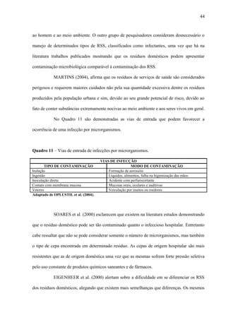 ao homem e ao meio ambiente. O outro grupo de pesquisadores consideram desnecessário o
manejo de determinados tipos de RSS, classificados como infectantes, uma vez que há na
literatura trabalhos publicados mostrando que os resíduos domésticos podem apresentar
contaminação microbiológica comparável à contaminação dos RSS.
MARTINS (2004), afirma que os resíduos de serviços de saúde são considerados
perigosos e requerem maiores cuidados não pela sua quantidade excessiva dentre os resíduos
produzidos pela população urbana e sim, devido ao seu grande potencial de risco, devido ao
fato de conter substâncias extremamente nocivas ao meio ambiente e aos seres vivos em geral.
No Quadro 11 são demonstradas as vias de entrada que podem favorecer a
ocorrência de uma infecção por microrganismos.
Quadro 11 – Vias de entrada de infecções por microrganismos.
VIAS DE INFECÇÃO
TIPO DE CONTAMINAÇÃO MODO DE CONTAMINAÇÃO
Inalação Formação de aerossóis
Ingestão Líquidos, alimentos, falha na higienização das mãos
Inoculação direta Acidente com perfurocortante
Contato com membrana mucosa Mucosas orais, oculares e auditivas
Vetores Veiculação por insetos ou roedores
Adaptado de OPLUSTIL et al. (2004).
SOARES et al. (2000) esclarecem que existem na literatura estudos demonstrando
que o resíduo doméstico pode ser tão contaminado quanto o infeccioso hospitalar. Entretanto
cabe ressaltar que não se pode considerar somente o número de microrganismos, mas também
o tipo de cepa encontrada em determinado resíduo. As cepas de origem hospitalar são mais
resistentes que as de origem doméstica uma vez que as mesmas sofrem forte pressão seletiva
pelo uso constante de produtos químicos saneantes e de fármacos.
EIGENHEER et al. (2000) alertam sobre a dificuldade em se diferenciar os RSS
dos resíduos domésticos, alegando que existem mais semelhanças que diferenças. Os mesmos
44
 