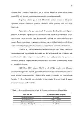 afirmam ainda, citando ZANON (1991), que os resíduos domésticos seriam mais perigosos
que os RSS, pois são mais contaminados e produzidos em maior quantidade.
É oportuno salientar que de modo diferente dos resíduos comuns, os RSS podem
apresentar diversas substâncias químicas conferindo riscos químicos além dos riscos
biológicos.
Apesar de se saber que a capacidade de uma infecção não está somente ligada à
presença do patógeno, supõe-se que as cepas hospitalares, devido às características citadas
anteriormente, ofereçam maior risco à comunidade, exigindo um maior cuidado em seu
manejo. Desse modo, alguns pesquisadores admitem que os resíduos infecciosos não devem
sofrer nenhum tipo de procedimento diferente do que é realizado nos resíduos domiciliares.
GARCIA & ZANETTI-RAMOS (2004) assinalam que estes autores consideram
também exagerada, a preocupação dispensada aos RSS argumentando que os mesmos não
constituem risco infeccioso para a comunidade e o meio ambiente, uma vez que não há
evidências científicas comprovando a existência de nexo causal entre o contato com o resíduo
e a aquisição de doenças.
OLIVEIRA (2005) citando SILVA et al. (2002), ressalva que diferentes
microrganismos presentes nos RSS apresentam capacidade de persistência ambiental, entre os
quais: Micobacterium tubersulosis, Staphylococcus aureus, Escherichia coli e os vírus das
hepatites A e B. A Tabela 2 a seguir, indica o tempo médio de sobrevivência de alguns
microrganismos em resíduos sólidos.
Tabela 2 – Tempo médio de sobrevivência de alguns organismos em resíduos sólidos.
ORGANISMO TEMPO DE SOBREVIVÊNCIA
Entamoeba histolytica 8 – 12 dias
Ascaris lumbricóides 2.000 – 2.500 dias
Leptospira interrogans 15 – 43 dias
Pólio Vírus – Pólio Tipo I 20 – 170 dias
45
 