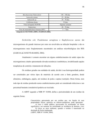 Mycobacterium Tuberculosis 150 – 180 dias
Larvas de vermes 25 – 40 dias
Salmonella sp. 29 – 70 dias
Coliformes fecais 35 dias
Vírus da hepatite B (HVB) Algumas semanas
Enterovírus 20 – 70 dias
Vírus da imunodeficiência humana (HIV) 3 – 7 dias
Adaptado de OLIVEIRA (2005) e HADDAD (2006).
Escherichia coli, Pseudomonas aeruginosa e Staphylococcus aureus são
microrganismos de grande interesse por estar em envolvidos na infecção hospitalar e são os
microrganismos mais freqüentemente encontrados em análises microbiológicas dos RSS
(GARCIA & ZANETTI-RAMOS, 2004).
Atualmente é comum encontrar em alguns estabelecimentos de saúde cepas dos
microrganismos citados apresentando elevada resistência à antibióticos, inviabilizando opções
terapêuticas de controle e tratamento de infecções.
Os resíduos gerados nas unidades de saúde, devido à sua heterogeneidade podem
ser constituídos por vários tipos de materiais de acordo com a fonte geradora, desde
alimentos, embalagens, papéis, até resíduos de poda e capina (varrição). Desta forma, nem
todo tipo de resíduo produzido nestes estabelecimentos pode ser considerado infeccioso e um
percentual bastante considerável poderia ser reciclado.
A ABNT segundo a NBR Nº 10.004, define a periculosidade de um resíduo da
seguinte forma:
Característica apresentada por um resíduo que, em função de suas
propriedades físicas, químicas ou infecto-contagiosas, pode apresentar:
a) risco à saúde pública, provocando ou acentuando, de forma
significativa, um aumento de mortalidade ou incidência de doenças, e/ou;
b) riscos ao meio ambiente, quando o resíduo é manuseado ou
destinado de forma inadequada.
(ABNT, NBR Nº 10.004, 2004).
46
 