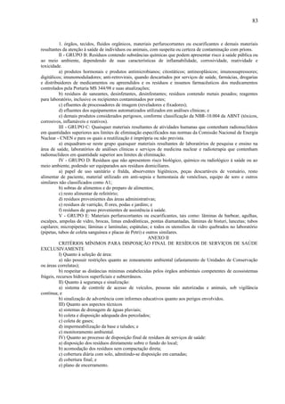 1. órgãos, tecidos, fluidos orgânicos, materiais perfurocortantes ou escarificantes e demais materiais
resultantes da atenção à saúde de indivíduos ou animais, com suspeita ou certeza de contaminação com príons.
II - GRUPO B: Resíduos contendo substâncias químicas que podem apresentar risco à saúde pública ou
ao meio ambiente, dependendo de suas características de inflamabilidade, corrosividade, reatividade e
toxicidade.
a) produtos hormonais e produtos antimicrobianos; citostáticos; antineoplásicos; imunossupressores;
digitálicos; imunomoduladores; anti-retrovirais, quando descartados por serviços de saúde, farmácias, drogarias
e distribuidores de medicamentos ou apreendidos e os resíduos e insumos farmacêuticos dos medicamentos
controlados pela Portaria MS 344/98 e suas atualizações;
b) resíduos de saneantes, desinfetantes, desinfestantes; resíduos contendo metais pesados; reagentes
para laboratório, inclusive os recipientes contaminados por estes;
c) efluentes de processadores de imagem (reveladores e fixadores);
d) efluentes dos equipamentos automatizados utilizados em análises clínicas; e
e) demais produtos considerados perigosos, conforme classificação da NBR-10.004 da ABNT (tóxicos,
corrosivos, inflamáveis e reativos).
III - GRUPO C: Quaisquer materiais resultantes de atividades humanas que contenham radionuclídeos
em quantidades superiores aos limites de eliminação especificados nas normas da Comissão Nacional de Energia
Nuclear - CNEN e para os quais a reutilização é imprópria ou não prevista.
a) enquadram-se neste grupo quaisquer materiais resultantes de laboratórios de pesquisa e ensino na
área de saúde, laboratórios de análises clínicas e serviços de medicina nuclear e radioterapia que contenham
radionuclídeos em quantidade superior aos limites de eliminação.
IV - GRUPO D: Resíduos que não apresentem risco biológico, químico ou radiológico à saúde ou ao
meio ambiente, podendo ser equiparados aos resíduos domiciliares.
a) papel de uso sanitário e fralda, absorventes higiênicos, peças descartáveis de vestuário, resto
alimentar de paciente, material utilizado em anti-sepsia e hemostasia de venóclises, equipo de soro e outros
similares não classificados como A1;
b) sobras de alimentos e do preparo de alimentos;
c) resto alimentar de refeitório;
d) resíduos provenientes das áreas administrativas;
e) resíduos de varrição, fl ores, podas e jardins; e
f) resíduos de gesso provenientes de assistência à saúde.
V - GRUPO E: Materiais perfurocortantes ou escarificantes, tais como: lâminas de barbear, agulhas,
escalpes, ampolas de vidro, brocas, limas endodônticas, pontas diamantadas, lâminas de bisturi, lancetas; tubos
capilares; micropipetas; lâminas e lamínulas; espátulas; e todos os utensílios de vidro quebrados no laboratório
(pipetas, tubos de coleta sanguínea e placas de Petri) e outros similares.
ANEXO II
CRITÉRIOS MÍNIMOS PARA DISPOSIÇÃO FINAL DE RESÍDUOS DE SERVIÇOS DE SAÚDE
EXCLUSIVAMENTE
I) Quanto à seleção de área:
a) não possuir restrições quanto ao zoneamento ambiental (afastamento de Unidades de Conservação
ou áreas correlatas);
b) respeitar as distâncias mínimas estabelecidas pelos órgãos ambientais competentes de ecossistemas
frágeis, recursos hídricos superficiais e subterrâneos.
II) Quanto à segurança e sinalização:
a) sistema de controle de acesso de veículos, pessoas não autorizadas e animais, sob vigilância
contínua; e
b) sinalização de advertência com informes educativos quanto aos perigos envolvidos.
III) Quanto aos aspectos técnicos
a) sistemas de drenagem de águas pluviais;
b) coleta e disposição adequada dos percolados;
c) coleta de gases;
d) impermeabilização da base e taludes; e
e) monitoramento ambiental.
IV) Quanto ao processo de disposição final de resíduos de serviços de saúde:
a) disposição dos resíduos diretamente sobre o fundo do local;
b) acomodação dos resíduos sem compactação direta;
c) cobertura diária com solo, admitindo-se disposição em camadas;
d) cobertura final; e
e) plano de encerramento.
83
 