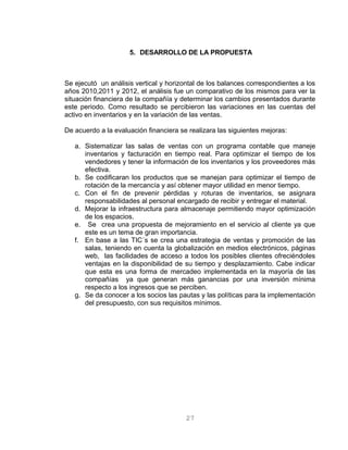 5. DESARROLLO DE LA PROPUESTA
Se ejecutó un análisis vertical y horizontal de los balances correspondientes a los
años 2010,2011 y 2012, el análisis fue un comparativo de los mismos para ver la
situación financiera de la compañía y determinar los cambios presentados durante
este periodo. Como resultado se percibieron las variaciones en las cuentas del
activo en inventarios y en la variación de las ventas.
De acuerdo a la evaluación financiera se realizara las siguientes mejoras:
a. Sistematizar las salas de ventas con un programa contable que maneje
inventarios y facturación en tiempo real. Para optimizar el tiempo de los
vendedores y tener la información de los inventarios y los proveedores más
efectiva.
b. Se codificaran los productos que se manejan para optimizar el tiempo de
rotación de la mercancía y así obtener mayor utilidad en menor tiempo.
c. Con el fin de prevenir pérdidas y roturas de inventarios, se asignara
responsabilidades al personal encargado de recibir y entregar el material.
d. Mejorar la infraestructura para almacenaje permitiendo mayor optimización
de los espacios.
e. Se crea una propuesta de mejoramiento en el servicio al cliente ya que
este es un tema de gran importancia.
f. En base a las TIC´s se crea una estrategia de ventas y promoción de las
salas, teniendo en cuenta la globalización en medios electrónicos, páginas
web, las facilidades de acceso a todos los posibles clientes ofreciéndoles
ventajas en la disponibilidad de su tiempo y desplazamiento. Cabe indicar
que esta es una forma de mercadeo implementada en la mayoría de las
compañías ya que generan más ganancias por una inversión mínima
respecto a los ingresos que se perciben.
g. Se da conocer a los socios las pautas y las políticas para la implementación
del presupuesto, con sus requisitos mínimos.
27
 