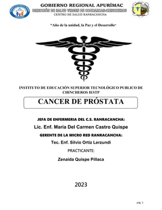 pág. 1
CENTRO DE SALUD RANRACANCHA
CAEU
INSTITUTO DE EDUCACIÓN SUPERIOR TECNOLÓGICO PUBLICO DE
CHINCHEROS IESTP
CANCER DE PRÓSTATA
JEFA DE ENFERMERIA DEL C.S. RANRACANCHA:
Lic. Enf. María Del Carmen Castro Quispe
GERENTE DE LA MICRO RED RANRACANCHA:
Tec. Enf. Silvio Ortiz Lerzundi
PRACTICANTE:
Zenaida Quispe Pillaca
2023
“Año de la unidad, la Paz y el Desarrollo”
 