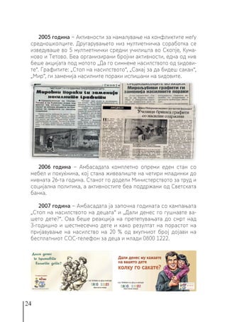 24
2005 година − Aктивности за намалување на конфликтите меѓу
средношколците. Другарувањето низ мултиетничка соработка се
изведуваше во 5 мултиетнички средни училишта во Скопје, Кума-
ново и Тетово. Беа организирани бројни активности, една од нив
беше акцијата под мотото „Да го симнеме насилството од ѕидови-
те“. Графитите: „Стоп на насилството“, „Сакај за да бидеш сакан“,
„Мир“, ги заменија насилните пораки испишани на ѕидовите.
2006 година − Амбасадата комплетно опреми еден стан со
мебел и покуќнина, кој стана живеалиште на четири младинки до
нивната 26-та година. Станот го додели Министерството за труд и
социјална политика, а активностите беа поддржани од Светската
банка.
2007 година − Амбасадата ја започна годината со кампањата
„Стоп на насилството на децата“ и „Дали денес го гушнавте ва-
шето дете?“. Ова беше реакција на претепувањата до смрт над
3-годишно и шестмесечно дете и како резултат на порастот на
пријавување на насилство на 20 % од вкупниот број дојави на
бесплатниот СОС-телефон за деца и млади 0800 1222.
 