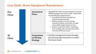 Case	Study:	Heavy	Equipment	Manufacturer
Assessment	
Phase
• Identified	the	means	for	the	company	to	increase	
EBITDA	marg...