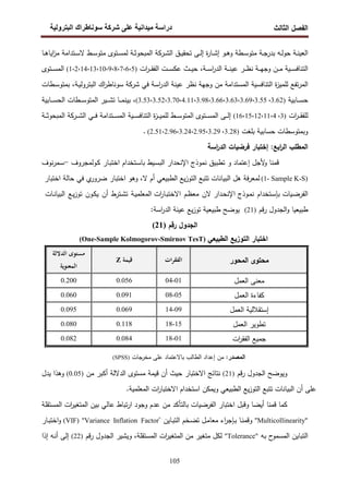 ‫اﻝﻔﺼل‬
‫اﻝﺜﺎﻝث‬
‫رو‬ ‫ا‬ ‫طراك‬ ‫و‬ ‫ر‬ ‫دا‬ ‫درا‬
105
‫ﻤ‬ ‫ـﺔ‬‫ـ‬‫ﺠ‬‫ﺒدر‬ ‫ـﻪ‬‫ـ‬‫ﻝ‬‫ﺤو‬ ‫ـﺔ‬‫ـ‬‫ﻨ‬‫اﻝﻌﻴ‬
‫ـطﺔ‬‫ـ‬‫ﺴ‬‫ﺘو‬
‫ـﻰ‬‫ـ‬‫ﻝ‬‫إ‬ ‫ة‬
‫ر‬‫ـﺎ‬‫ـ‬‫ﺸ‬‫إ‬ ‫ـو‬‫ـ‬‫ﻫ‬‫و‬
‫ـط‬‫ـ‬‫ﺴ‬‫ﻤﺘو‬ ‫ـﺘوى‬‫ـ‬‫ﺴ‬‫ﻝﻤ‬ ‫ـﺔ‬‫ـ‬‫ﺜ‬‫اﻝﻤﺒﺤو‬ ‫ـرﻜﺔ‬‫ـ‬‫ﺸ‬‫اﻝ‬ ‫ـق‬‫ـ‬‫ﻴ‬‫ﺘﺤﻘ‬
‫ـﺘداﻤﺔ‬‫ـ‬‫ﺴ‬‫ﻻ‬
‫ـﺎ‬‫ـ‬‫ﻫ‬‫اﻴﺎ‬
‫ز‬‫ﻤ‬
‫ـﺔ‬‫ـ‬‫ـ‬‫ﺴ‬‫ا‬
‫ر‬‫اﻝد‬ ‫ـﺔ‬‫ـ‬‫ـ‬‫ـ‬‫ﻨ‬‫ﻋﻴ‬ ‫ـر‬‫ـ‬‫ـ‬‫ـ‬‫ظ‬‫ﻨ‬ ‫ـﺔ‬‫ـ‬‫ـ‬‫ـ‬‫ﻬ‬‫وﺠ‬ ‫ـن‬‫ـ‬‫ـ‬‫ـ‬‫ﻤ‬ ‫ـﻴﺔ‬‫ـ‬‫ـ‬‫ﺴ‬‫اﻝﺘﻨﺎﻓ‬
،
‫ـث‬‫ـ‬‫ـ‬‫ـ‬‫ﻴ‬‫ﺤ‬
‫ات‬
‫ر‬‫ـ‬‫ـ‬‫ـ‬‫ـ‬‫ﻘ‬‫اﻝﻔ‬ ‫ـت‬‫ـ‬‫ـ‬‫ـ‬‫ﺴ‬‫ﻋﻜ‬
)
1،2،14،13،10،9،8،7،6،5
(
‫ـﺘوى‬‫ـ‬‫ـ‬‫ـ‬‫ﺴ‬‫اﻝﻤ‬
‫اﻝ‬
‫ﺘﻔﻊ‬‫ر‬‫ﻤ‬
،‫ـﺔ‬‫ﻴ‬‫اﻝﺒﺘروﻝ‬ ‫اك‬
‫ر‬‫ﺴوﻨﺎط‬ ‫ﺸرﻜﺔ‬ ‫ﻓﻲ‬ ‫اﺴﺔ‬
‫ر‬‫اﻝد‬ ‫ﻋﻴﻨﺔ‬ ‫ﻨظر‬ ‫وﺠﻬﺔ‬ ‫ﻤن‬ ‫اﻝﻤﺴﺘداﻤﺔ‬ ‫اﻝﺘﻨﺎﻓﺴﻴﺔ‬ ‫ة‬
‫ز‬‫ﻝﻠﻤﻴ‬
‫ـطﺎت‬‫ﺴ‬‫ﺒﻤﺘو‬
‫ـﺎﺒﻴﺔ‬‫ـ‬‫ـ‬‫ـ‬‫ﺴ‬‫ﺤ‬
)
3.62
،
3.55
،
3.69
،
3.63
،
3.66
،
3.98
،
4.11
،
3.70
،
3.52
،
3.53
(
،
‫ـﺎﺒﻴﺔ‬‫ـ‬‫ـ‬‫ـ‬‫ﺴ‬‫اﻝﺤ‬ ‫ـطﺎت‬‫ـ‬‫ـ‬‫ـ‬‫ﺴ‬‫اﻝﻤﺘو‬ ‫ـﻴر‬‫ـ‬‫ـ‬‫ـ‬‫ﺸ‬‫ﺘ‬ ‫ـﺎ‬‫ـ‬‫ـ‬‫ـ‬‫ﻤ‬‫ﺒﻴﻨ‬
‫ات‬
‫ر‬‫ـ‬‫ـ‬‫ـ‬‫ـ‬‫ﻘ‬‫ﻝﻠﻔ‬
)
3
،
4
،
11
،
12
،
15
،
16
(
‫ـط‬‫ـ‬‫ـ‬‫ـ‬‫ﺴ‬‫اﻝﻤﺘو‬ ‫ـﺘوى‬‫ـ‬‫ـ‬‫ـ‬‫ﺴ‬‫اﻝﻤ‬ ‫ـﻰ‬‫ـ‬‫ـ‬‫ـ‬‫ﻝ‬‫إ‬
‫ـﺘد‬‫ـ‬‫ـ‬‫ـ‬‫ﺴ‬‫اﻝﻤ‬ ‫ـﻴﺔ‬‫ـ‬‫ـ‬‫ـ‬‫ﺴ‬‫اﻝﺘﻨﺎﻓ‬ ‫ة‬
‫ز‬‫ـ‬‫ـ‬‫ـ‬‫ـ‬‫ﻴ‬‫ﻝﻠﻤ‬
‫اﻤﺔ‬
‫ـﺔ‬‫ـ‬‫ـ‬‫ـ‬‫ﺜ‬‫اﻝﻤﺒﺤو‬ ‫ـرﻜﺔ‬‫ـ‬‫ـ‬‫ـ‬‫ﺸ‬‫اﻝ‬ ‫ـﻲ‬‫ـ‬‫ـ‬‫ـ‬‫ﻓ‬
‫ﺒﻠﻐت‬ ‫ﺤﺴﺎﺒﻴﺔ‬ ‫وﺒﻤﺘوﺴطﺎت‬
)
3.28
،
3.29
،
2.95
،
3.24
،
2.96
،
2.51
(
.
‫اﻝ‬ ‫اﻝﻤطﻠب‬
‫اﺒﻊ‬
‫ر‬
:
‫إﺨﺘﺒﺎر‬
‫اﺴﺔ‬
‫ر‬‫اﻝد‬ ‫ﻓرﻀﻴﺎت‬
‫ﻗ‬
‫ﻤﻨﺎ‬
‫ﻷﺠل‬
‫و‬
‫و‬ ‫إﻋﺘﻤﺎد‬
‫اﻹﻨﺤدار‬ ‫ﻨﻤوذج‬ ‫ﺘطﺒﻴق‬
‫ـﻴط‬‫ﺴ‬‫اﻝﺒ‬
‫ـﺘﺨدام‬‫ﺴ‬‫ﺒﺎ‬
‫ـﺎر‬‫ﺒ‬‫اﺨﺘ‬
‫ـوﻝﻤﺠروف‬‫ﻜ‬
-
‫ﻨوف‬‫ر‬‫ـﻤ‬‫ﺴ‬
)
1- Sample K-S
(
‫ﻓﺔ‬‫ر‬‫ﻝﻤﻌ‬
‫ﻫل‬
‫اﻝﺒﻴﺎﻨﺎت‬
‫ﺘﺘﺒﻊ‬
‫اﻝطﺒﻴﻌﻲ‬ ‫ﻴﻊ‬‫ز‬‫اﻝﺘو‬
‫أم‬
‫وﻫو‬ ،‫ﻻ‬
‫اﺨﺘﺒﺎر‬
‫ي‬
‫ﻀرور‬
‫ﻓﻲ‬
‫ﺤﺎﻝﺔ‬
‫اﺨﺘﺒﺎر‬
‫ـﻴﺎت‬‫ﻀ‬‫اﻝﻔر‬
‫ـﺘﺨدام‬‫ﺴ‬‫ﺒﺈ‬
‫ـدار‬‫ﺤ‬‫اﻹﻨ‬ ‫ـوذج‬‫ﻤ‬‫ﻨ‬
‫ﻻن‬
‫ـم‬‫ظ‬‫ﻤﻌ‬
‫ـﺔ‬‫ﻴ‬‫اﻝﻤﻌﻠﻤ‬ ‫ات‬
‫ر‬‫ـﺎ‬‫ﺒ‬‫اﻻﺨﺘ‬
‫ـﺘرط‬‫ﺸ‬‫ﺘ‬
‫أن‬
‫ـون‬‫ﻜ‬‫ﻴ‬
‫ـﻊ‬‫ﻴ‬‫ز‬‫ﺘو‬
‫ـﺎت‬‫ﻨ‬‫اﻝﺒﻴﺎ‬
‫ﻗم‬‫ر‬ ‫اﻝﺠدول‬‫و‬ ‫طﺒﻴﻌﻴﺎ‬
(21)
:‫اﺴﺔ‬
‫ر‬‫اﻝد‬ ‫ﻋﻴﻨﺔ‬ ‫ﻴﻊ‬‫ز‬‫ﺘو‬ ‫طﺒﻴﻌﻴﺔ‬ ‫ﻴوﻀﺢ‬
‫اﻝ‬
‫رﻗم‬ ‫ﺠدول‬
)
21
(
‫اﺨﺘﺒﺎر‬
‫اﻝﺘوزﻴﻊ‬
‫اﻝطﺒﻴﻌﻲ‬
(One-Sample Kolmogorov-Smirnov TesT)
‫اﻝﻤﺤور‬ ‫ﻤﺤﺘوى‬
‫اﻟﻔﻘﺮات‬
‫ﻗﻴﻤﺔ‬
Z
‫اﻟﺪﻻﻟﺔ‬ ‫ﻣﺴﺘﻮى‬
‫اﻟﻤﻌﻨﻮﻳﺔ‬
‫اﻝﻌﻤل‬ ‫ﻤﻌﻨﻰ‬
01
-
04
0.056
0.200
‫اﻝﻌﻤل‬ ‫ﻜﻔﺎءة‬
05
-
08
0.091
0.060
‫اﻝﻌﻤل‬ ‫إﺴﺘﻘﻼﻝﻴﺔ‬
09
-
14
0.069
0.095
‫اﻝﻌﻤل‬ ‫ﺘطوﻴر‬
15
-
18
0.118
0.080
‫ﺠﻤ‬
‫ات‬
‫ر‬‫اﻝﻔﻘ‬ ‫ﻴﻊ‬
01
-
18
0.084
0.082
:‫اﻝﻤﺼدر‬
‫إﻋداد‬ ‫ﻤن‬
‫اﻝطﺎﻝب‬
‫ﻤ‬ ‫ﻋﻠﻰ‬ ‫ﺒﺎﻻﻋﺘﻤﺎد‬
‫ﺨرﺠﺎت‬
)
SPSS
(
‫وﻴوﻀﺢ‬
‫اﻝﺠدول‬
‫ﻗم‬‫ر‬
)
21
(
‫ﻨﺘﺎﺌﺞ‬
‫اﻻﺨﺘﺒﺎر‬
‫ﺤﻴث‬
‫أن‬
‫ﻗﻴﻤﺔ‬
‫ﻤﺴﺘوى‬
‫ﻤن‬ ‫أﻜﺒر‬ ‫اﻝدﻻﻝﺔ‬
)
0.05
(
‫ﻴدل‬ ‫وﻫذا‬
‫وﻴ‬ ‫اﻝطﺒﻴﻌﻲ‬ ‫ﻴﻊ‬‫ز‬‫اﻝﺘو‬ ‫ﺘﺘﺒﻊ‬ ‫اﻝﺒﻴﺎﻨﺎت‬ ‫أن‬ ‫ﻋﻠﻰ‬
‫ﻤﻜن‬
.‫اﻝﻤﻌﻠﻤﻴﺔ‬ ‫ات‬
‫ر‬‫اﻻﺨﺘﺒﺎ‬ ‫اﺴﺘﺨدام‬
‫ﻜﻤﺎ‬
‫ﻗﻤﻨﺎ‬
‫وﻗﺒل‬ ‫أﻴﻀﺎ‬
‫ا‬
‫ر‬‫اﻝﻤﺘﻐﻴ‬ ‫ﺒﻴن‬ ‫ﻋﺎﻝﻲ‬ ‫ﺘﺒﺎط‬‫ر‬‫ا‬ ‫وﺠود‬ ‫ﻋدم‬ ‫ﻤن‬ ‫ﺒﺎﻝﺘﺄﻜد‬ ‫اﻝﻔرﻀﻴﺎت‬ ‫اﺨﺘﺒﺎر‬
‫اﻝﻤﺴﺘﻘﻠﺔ‬ ‫ت‬
"
Multicollinearity
"
‫و‬
‫ﻗ‬
‫ـﺎ‬‫ﻨ‬‫ﻤ‬
‫ـﺎﻴن‬‫ﺒ‬‫اﻝﺘ‬ ‫ـﺨم‬‫ﻀ‬‫ﺘ‬ ‫ـل‬‫ﻤ‬‫ﻤﻌﺎ‬ ‫اء‬
‫ر‬‫ـﺈﺠ‬‫ﺒ‬
"
Variance Inflation Factor
"
(VIF)
‫ـﺎر‬‫ـ‬‫ﺒ‬‫اﺨﺘ‬‫و‬
‫ﺒﻪ‬ ‫ح‬
‫اﻝﻤﺴﻤو‬ ‫اﻝﺘﺒﺎﻴن‬
"
Tolerance
"
‫اﻝﻤﺴﺘﻘﻠﺔ‬ ‫ات‬
‫ر‬‫اﻝﻤﺘﻐﻴ‬ ‫ﻤن‬ ‫ﻤﺘﻐﻴر‬ ‫ﻝﻜل‬
،
‫ﻗم‬‫ر‬ ‫اﻝﺠدول‬ ‫وﻴﺸﻴر‬
)
22
(
‫إذا‬ ‫ـﻪ‬‫ﻨ‬‫أ‬ ‫إﻝﻰ‬
 