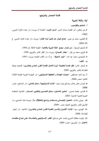 ‫اﺠﻊ‬
‫ر‬‫اﻝﻤ‬‫و‬ ‫اﻝﻤﺼﺎدر‬ ‫ﻗــﺎﺌــﻤﺔ‬
115
:‫اﺠﻊ‬
‫ر‬‫اﻝﻤ‬‫و‬ ‫اﻝﻤﺼﺎدر‬ ‫ﻗﺎﺌﻤﺔ‬
‫اﻝﻌرﺒﻴﺔ‬ ‫ﺒﺎﻝﻠﻐﺔ‬ :‫أوﻻ‬
‫أ‬
.
:‫اﻤﻴس‬‫و‬‫اﻝﻘ‬‫و‬ ‫اﻝﻤﻌﺎﺠم‬
1
.
،‫ـدﻴن‬‫ـ‬‫ﻝ‬‫ا‬ ‫ـﺎل‬‫ـ‬‫ﻤ‬‫ﺠ‬ ‫ـل‬‫ـ‬‫ﻀ‬‫اﻝﻔ‬ ‫ـو‬‫ـ‬‫ﺒ‬‫أ‬ ،‫ـور‬‫ـ‬‫ظ‬‫ﻤﻨ‬ ‫ـن‬‫ـ‬‫ﺒ‬‫إ‬
،"‫ـرب‬‫ـ‬‫اﻝﻌ‬ ‫ـﺎن‬‫ـ‬‫"ﻝﺴ‬
‫ـﺔ‬‫ـ‬‫ﻌ‬‫اﻝطﺒ‬
3
،‫ـﻲ‬‫ـ‬‫ﺒ‬‫ر‬‫اﻝﻌ‬ ‫اث‬
‫ر‬‫ـ‬‫ـ‬‫ﺘ‬‫اﻝ‬ ‫ـﺎء‬‫ـ‬‫ﻴ‬‫إﺤ‬ ‫دار‬ ،‫ـروت‬‫ـ‬‫ﻴ‬‫ﺒ‬ ،
1995
.
2
.
،‫ﻴر‬‫ر‬‫ﺠ‬ ‫ﺒن‬ ‫ﻤﺤﻤد‬ ،‫ي‬
‫اﻝطﺒر‬
،"‫آن‬
‫ر‬‫اﻝﻘ‬ ‫آﻴﺎت‬ ‫ﺘﺄوﻴل‬ ‫ﻋن‬ ‫اﻝﺒﻴﺎن‬ ‫"ﺠﺎﻤﻊ‬
‫دا‬ ،‫ﺒﻴروت‬
،‫ﺒﻲ‬‫ر‬‫اﻝﻌ‬ ‫اث‬
‫ر‬‫اﻝﺘ‬ ‫إﺤﻴﺎء‬ ‫ر‬
‫ج‬
10
،
.2001
3
.
‫اﻝوﺴﻴط‬ ‫اﻝﻤﻌﺠم‬
،
"
‫إﺼدار‬ ‫ﻤن‬
‫ة‬
‫ﺒﺎﻝﻘﺎﻫر‬ ‫اﻝﻌرﺒﻴﺔ‬ ‫اﻝﻠﻐﺔ‬ ‫ﻤﺠﻤﻊ‬
"
،
‫ﻋﺎم‬ ‫اﻝﺜﺎﻝﺜﺔ‬ ‫اﻝطﺒﻌﺔ‬
1998
.
4
.
،‫ﺒﻜر‬ ‫ﺒن‬ ‫ﻤﺤﻤد‬ ،‫ي‬
‫از‬
‫ر‬‫اﻝ‬
،"‫اﻝﺼﺤﺎح‬ ‫ﻤﺨﺘﺎر‬ "
،‫ﻴﻊ‬‫ز‬‫اﻝﺘو‬‫و‬ ‫ﻝﻠﻨﺸر‬ ‫اﻝﻔﻜر‬ ‫دار‬ ،‫ﺒﻴروت‬
1996
.
5
.
،‫اﷲ‬ ‫ﻋﺒد‬ ‫ﻤﺤﻤد‬ ،‫اﻝﺘوﺤﻴدي‬
‫اﻝﻤﺤ‬ ‫اﻝﺒﺤر‬ "
"،‫ﻴط‬
‫ج‬
3
،‫ﺒﻴروت‬ ،‫اﻝﻌﻠﻤﻴﺔ‬ ‫اﻝﻜﺘب‬ ‫دار‬ ،
1993
.
‫ب‬
.
:‫اﻝﻜﺘب‬
6
.
‫ﻓﺎﺘن‬ ،‫أﺒوﺒﻜر‬
،"‫اﻝﻌﺸـرﻴن‬‫و‬ ‫اﻝﺤﺎدي‬ ‫ﻝﻠﻘرن‬ ‫اﻝﻘﺎدﻤﺔ‬ ‫اﻷﻋﻤﺎل‬ ‫ة‬
‫ﺜور‬ :‫اﻝﻤﻔﺘوﺤﺔ‬ ‫ة‬
‫اﻹدار‬ ‫ﻨظم‬ "،
‫اك‬
‫ر‬‫ـ‬‫ﺘ‬‫إﻴ‬ ،‫ة‬
‫ر‬‫ـﺎﻫ‬‫ﻘ‬‫اﻝ‬
،‫ﻴﻊ‬‫ز‬‫اﻝﺘو‬‫و‬ ‫اﻝﻨﺸر‬‫و‬ ‫ﻝﻠطﺒﺎﻋﺔ‬
2002
.
7
.
‫ﺴﻴد‬
‫أﺤﻤد‬
‫ﻤﺼطﻔﻰ‬
،
‫ﺘ‬ "
‫ﺤ‬
"‫اﺘﻴﺠﻲ‬
‫ر‬‫اﻻﺴﺘ‬ ‫اﻝﺘﺨطﻴط‬ ‫و‬ ‫اﻝﻌوﻝﻤﺔ‬ ‫دﻴﺎت‬
‫ـﺔ‬‫ﻴ‬‫ﺒ‬‫ر‬‫اﻝﻌ‬ ‫ـﺔ‬‫ﻀ‬‫اﻝﻨﻬ‬ ‫دار‬ ،
،‫ـﺔ‬‫ﺜ‬‫اﻝﺜﺎﻝ‬ ‫ـﺔ‬‫ﻌ‬‫اﻝطﺒ‬
‫ة‬
‫ر‬‫اﻝﻘﺎﻫ‬
–
،‫ﻤﺼر‬
2000
.
8
.
،‫ـﻴد‬‫ﺸ‬‫ر‬ ‫ـﺎ‬‫ﻀ‬‫ر‬ ‫وﺼﺎﻝﺢ‬ ‫ﺠﻼب‬ ‫دﻫش‬ ‫إﺤﺴﺎن‬
"
‫ﺘﻜـﺎﻤﻠﻲ‬ ‫ﻤـدﺨل‬ :‫اﺘﻴﺠﻴﺔ‬
‫ر‬‫اﻹﺴـﺘ‬ ‫ة‬
‫اﻹدار‬
"
،‫ـﺎن‬‫ﻤ‬‫ﻋ‬ ،‫ـﺎﻫﺞ‬‫ﻨ‬‫اﻝﻤ‬ ‫دار‬ ،
2008
.
9
.
،‫ـﻴن‬‫ـ‬‫ـ‬‫ﺴ‬‫ﺤ‬ ‫ـﺔ‬‫ـ‬‫ـ‬‫ﻴ‬‫ﻋط‬ ،‫ـدي‬‫ـ‬‫ـ‬‫ﻨ‬‫أﻓ‬
‫ــﺘﻤر‬‫ـ‬‫اﻝﻤﺴ‬ ‫ــوﻴر‬‫ـ‬‫اﻝﺘط‬‫و‬ ‫ــﻴن‬‫ـ‬‫ﻝﻠﺘﺤﺴ‬ ‫ــدﺨل‬‫ـ‬‫ﻤ‬ :‫ــﺎﻤﻠﻴن‬‫ـ‬‫اﻝﻌ‬ ‫ــﻴن‬‫ـ‬‫ﺘﻤﻜ‬ "
‫ـﺔ‬‫ـ‬‫ـ‬‫ﻤ‬‫اﻝﻤﻨظ‬ :‫ة‬
‫ر‬‫ـﺎﻫ‬‫ـ‬‫ـ‬‫ﻘ‬‫اﻝ‬ ،"
،‫ﻴﺔ‬‫ر‬‫اﻹدا‬ ‫ﻝﻠﺘﻨﻤﻴﺔ‬ ‫ﺒﻴﺔ‬‫ر‬‫اﻝﻌ‬
2003
.
10
.
‫ﺒﺎﻻ‬ ‫ـوﻝﻲ‬‫ـ‬‫ﺠ‬
:‫ـت‬‫ـ‬‫ـ‬‫ﻨ‬
) ‫ــﺎﻤﺞ‬‫ـ‬‫ﺒرﻨ‬ ‫ــﺘﺨدام‬‫ـ‬‫ﺒﺎﺴ‬ ‫ــﺎﺌﻲ‬‫ـ‬‫اﻹﺤﺼ‬ ‫ــل‬‫ـ‬‫اﻝﺘﺤﻠﻴ‬
Spss
(
‫ط‬ ،
2
‫دار‬ ،‫ي‬
‫ـﺎﻤر‬‫ـ‬‫ـ‬‫ﻌ‬‫اﻝ‬ ‫ـد‬‫ـ‬‫ـ‬‫ﻝ‬‫ﺨﺎ‬ ‫ـﺔ‬‫ـ‬‫ـ‬‫ﻤ‬‫ﺘرﺠ‬ ،
،‫ﻤﺼر‬ ،‫ة‬
‫ز‬‫اﻝﺠﻴ‬ ،‫ﻴﻊ‬‫ز‬‫اﻝﺘو‬‫و‬ ‫ﻝﻠﻨﺸر‬ ‫اﻝﻔﺎروق‬
2009
.
11
.
،‫ي‬
‫ار‬‫و‬‫اﻝﻬ‬
‫ﺴﻴد‬
"،
‫ة‬
‫اﻹدار‬
:
‫اﻷﺼـول‬
‫اﻷﺴـس‬‫و‬
‫اﻝﻌﻠﻤﻴـﺔ‬
‫ﻝﻠﻘـرن‬
‫اﻝﺤـﺎدي‬
"‫اﻝﻌﺸـرون‬‫و‬
‫ة‬
‫ر‬‫ـﺎﻫ‬‫ﻘ‬‫اﻝ‬ ،
:
‫دار‬
‫ـل‬‫ﻴ‬‫اﻝﺠ‬
،‫ﻝﻠطﺒﺎﻋﺔ‬
2000
.
12
.
‫ز‬
،‫ـﺎﻝﺢ‬‫ـ‬‫ـ‬‫ﺼ‬ ‫ـﻲ‬‫ـ‬‫ـ‬‫ﻠ‬‫ﻋ‬ ‫ـد‬‫ـ‬‫ـ‬‫ﻤ‬‫أﺤ‬‫و‬ ‫ي‬
‫ـدور‬‫ـ‬‫ـ‬‫ﻝ‬‫ا‬ ‫ـك‬‫ـ‬‫ـ‬‫ﻠ‬‫ﻤط‬ ‫ـﺎء‬‫ـ‬‫ـ‬‫ﻴ‬‫ر‬‫ﻜ‬
‫ــﺎت‬‫ـ‬‫ﻤﻨظﻤ‬ ‫ــﺎح‬‫ـ‬‫ﻨﺠ‬ ‫ــﻰ‬‫ـ‬‫ﻋﻠ‬ ‫ــﺎﺘﻪ‬‫ـ‬‫اﻨﻌﻜﺎﺴ‬‫و‬ ‫اﺘﻴﺠﻲ‬
‫ر‬‫ــﺘ‬‫ـ‬‫اﻹﺴ‬ ‫ــر‬‫ـ‬‫اﻝﻔﻜ‬
‫اﻷﻋﻤﺎل‬
،‫ﻋﻤﺎن‬ ،‫ي‬
‫اﻝﻴﺎزور‬ ‫دار‬ ،
2009
.
 
