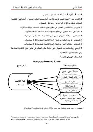 ‫اﻝﻔﺼل‬
‫اﻝﺜﺎﻨﻲ‬
‫ي‬
‫اﻝﻨظر‬ ‫اﻹطﺎر‬
‫اﻝﻤﺴﺘداﻤﺔ‬ ‫اﻝﺘﻨﺎﻓﺴﻴﺔ‬ ‫ة‬
‫ﻝﻠﻤﻴز‬
‫ه‬
4
.
‫ا‬ ‫أﻫــداف‬
‫اﺴﺔ‬
‫ر‬‫ﻝد‬
:
‫ﻓﻴﻤﺎﻴﻠﻲ‬ ‫اﺴﺔ‬
‫ر‬‫اﻝد‬ ‫ﻫذﻩ‬ ‫أﻫداف‬ ‫ﺘﺘﻤﺜل‬
1
.
‫ـﺒﻴﺔ‬‫ـ‬‫ﺴ‬‫اﻝﻨ‬ ‫ـﺔ‬‫ـ‬‫ـ‬‫ﻴ‬‫اﻷﻫﻤ‬ ‫ـﻰ‬‫ـ‬‫ﻠ‬‫ﻋ‬ ‫ـرف‬‫ـ‬‫ﻌ‬‫اﻝﺘ‬
‫ـد‬‫ـ‬‫ﺠ‬‫ا‬‫و‬‫ﻝﺘ‬
‫ـن‬‫ـ‬‫ﻤ‬ ‫ـل‬‫ـ‬‫ـ‬‫ﻜ‬
‫ـﺎد‬‫ـ‬‫ﻌ‬‫أﺒ‬
‫ـﺔ‬‫ـ‬‫ـ‬‫ﺴ‬‫ﺴﻴﺎ‬
‫ـﺎﻤﻠﻴن‬‫ـ‬‫ﻌ‬‫اﻝ‬ ‫ـﻴن‬‫ـ‬‫ﻜ‬‫ﺘﻤ‬
‫و‬
‫ـﺎد‬‫ـ‬‫ـ‬‫ﻌ‬‫أﺒ‬
‫ـﻴﺔ‬‫ـ‬‫ـ‬‫ﺴ‬‫اﻝﺘﻨﺎﻓ‬ ‫ة‬
‫ز‬‫ـ‬‫ـ‬‫ﻴ‬‫اﻝﻤ‬
‫اﻝﻤﺴﺘداﻤﺔ‬
‫ﻝ‬
.‫اﻝﻤﺒﺤوﺜﻴن‬ ‫ﻨظر‬ ‫وﺠﻬﺔ‬ ‫ﻤن‬ ‫ﻴﺔ‬‫ر‬‫اﺌ‬
‫ز‬‫اﻝﺠ‬ ‫اك‬
‫ر‬‫ﺴوﻨﺎط‬ ‫ﺸرﻜﺔ‬
2
.
‫ﻗﻴﺎس‬
‫دور‬
‫ﺴﻴﺎﺴﺔ‬
‫اﻝﻌﺎﻤﻠﻴن‬ ‫ﺘﻤﻜﻴن‬
‫اﻝﻤﺴﺘداﻤﺔ‬ ‫اﻝﺘﻨﺎﻓﺴﻴﺔ‬ ‫ة‬
‫ز‬‫اﻝﻤﻴ‬ ‫ﺘﺤﻘﻴق‬ ‫ﻓﻲ‬
‫ﻝ‬
‫اك‬
‫ر‬‫ﺴوﻨﺎط‬ ‫ﺸرﻜﺔ‬
.
3
.
‫ﺘﺤدﻴد‬
‫دور‬
‫اﻝﻌﺎﻤﻠﻴن‬ ‫ﻜﻔﺎءة‬
‫ﻝ‬ ‫اﻝﻤﺴﺘداﻤﺔ‬ ‫اﻝﺘﻨﺎﻓﺴﻴﺔ‬ ‫ة‬
‫ز‬‫اﻝﻤﻴ‬ ‫ﺘﺤﻘﻴق‬ ‫ﻓﻲ‬
‫اك‬
‫ر‬‫ﺴوﻨﺎط‬ ‫ﺸرﻜﺔ‬
.
4
.
‫ﺘﺤدﻴد‬
‫دور‬
‫اﻝﻌﺎﻤﻠﻴن‬ ‫ﻤﺸﺎرﻜﺔ‬
‫ﻝ‬ ‫اﻝﻤﺴﺘداﻤﺔ‬ ‫اﻝﺘﻨﺎﻓﺴﻴﺔ‬ ‫ة‬
‫ز‬‫اﻝﻤﻴ‬ ‫ﺘﺤﻘﻴق‬ ‫ﻓﻲ‬
‫اك‬
‫ر‬‫ﺴوﻨﺎط‬ ‫ﺸرﻜﺔ‬
.
5
.
‫ﺘﺤدﻴد‬
‫دور‬
‫اﻝﺴﻠطﺔ‬ ‫ﺘﻔوﻴض‬
‫ﻝ‬ ‫اﻝﻤﺴﺘداﻤﺔ‬ ‫اﻝﺘﻨﺎﻓﺴﻴﺔ‬ ‫ة‬
‫ز‬‫اﻝﻤﻴ‬ ‫ﺘﺤﻘﻴق‬ ‫ﻓﻲ‬
‫اك‬
‫ر‬‫ﺴوﻨﺎط‬ ‫ﺸرﻜﺔ‬
.
6
.
‫ﺘﺤدﻴد‬
‫دور‬
‫اﻝﻌﻤل‬ ‫إﺴﺘﻘﻼﻝﻴﺔ‬
‫ﻝ‬ ‫اﻝﻤﺴﺘداﻤﺔ‬ ‫اﻝﺘﻨﺎﻓﺴﻴﺔ‬ ‫ة‬
‫ز‬‫اﻝﻤﻴ‬ ‫ﺘﺤﻘﻴق‬ ‫ﻓﻲ‬
‫اك‬
‫ر‬‫ﺴوﻨﺎط‬ ‫ﺸرﻜﺔ‬
.
7
.
‫اﻝﻤﺒﺤوﺜﻴن‬ ‫ات‬
‫ر‬‫ﺘﺼو‬ ‫ﻓروﻗﺎت‬ ‫ﺘوﻀﻴﺢ‬
‫ﻝدور‬
‫ﺴﻴﺎﺴﺔ‬
‫ـﺘداﻤﺔ‬‫ﺴ‬‫اﻝﻤ‬ ‫ـﻴﺔ‬‫ﺴ‬‫اﻝﺘﻨﺎﻓ‬ ‫ة‬
‫ز‬‫ـ‬‫ﻴ‬‫اﻝﻤ‬ ‫ﺘﺤﻘﻴق‬ ‫ﻓﻲ‬ ‫اﻝﻌﺎﻤﻠﻴن‬ ‫ﺘﻤﻜﻴن‬
‫اﻝ‬ ‫ات‬
‫ر‬‫ﻝﻠﻤﺘﻐﻴ‬ ‫ى‬
‫ﺘﻌز‬ ‫اﻝﺘﻲ‬‫و‬
‫ﺸﺨﺼﻴﺔ‬
.
5
.
‫اﺴﺔ‬
‫ر‬‫ﻝﻠد‬ ‫اﺌﻲ‬
‫ر‬‫اﻹﺠ‬ ‫اﻝﻤﺨطط‬
‫اﻝ‬
‫ﺸﻜل‬
‫رﻗم‬
)
1
(
‫اﻹ‬ ‫اﻝﻤﺨطط‬
‫اﺌﻲ‬
‫ر‬‫ﺠ‬
‫اﺴﺔ‬
‫ر‬‫ﻝﻠد‬
‫ا‬
‫ﻝﻤﺘﻐﻴر‬
‫ات‬
‫اﻝﻤﺴﺘﻘﻠ‬
‫ﺔ‬
‫اﻝﺘﺎﺒﻊ‬ ‫اﻝﻤﺘﻐﻴر‬
:‫اﻝﻤﺼدر‬
‫اﺴﺔ‬
‫ر‬‫د‬ ‫ﻋﻠﻰ‬ ‫ﺒﺎﻹﻋﺘﻤﺎد‬ ‫اﻝطﺎﻝب‬ ‫إﻋداد‬ ‫ﻤن‬
1
(Sundar& Varadarajan;& John, 1993)
1
Bharadwaj, Sundar G; Varadarajan, P Rajan; Fahy, John," Sustainable competitive advantage in
service industries", Journal of Marketing; Oct 1993; 57, 4; ABI/INFORM Global pg. 83
9:;<=>?‫ا‬ ‫=ءة‬CD
EFG=HI?‫وا‬
)
،LI:;>M?‫ا‬ ‫ى‬OMFI?‫ا‬ ،PI>?‫ا‬ ،QHR?‫ا‬
‫ة‬PST?‫ا‬ ،LI:UHM?‫ا‬ ‫ى‬OMFI?‫ااا‬
(
‫اﻝﻤﺘﻐﻴر‬
‫اﻝﺸﺨﺼﻴﺔ‬ ‫ات‬
‫اﻝﺘﻨﺎﻓﺴ‬ ‫ة‬
‫اﻝﻤﻴز‬
‫ـ‬
‫ﻴﺔ‬
‫اﻝﻤﺴﺘ‬
‫ـ‬
‫داﻤﺔ‬
‫ﺴﻴﺎﺴﺔ‬
‫اﻝﻌﺎﻤﻠﻴن‬ ‫ﺘﻤﻜﻴن‬
‫اﻝﻌﺎﻤﻠﻴن‬ ‫ـﺎءة‬‫ﻔ‬‫ﻜ‬
‫اﻝ‬
‫ـل‬‫ﻤ‬‫ﻌ‬
‫اﻝﻌﺎﻤﻠﻴن‬ ‫ـﺎرﻜﺔ‬‫ﺸ‬‫ﻤ‬
‫اﻝ‬ ‫ﺘﻔوﻴض‬
‫ﺴﻠطﺔ‬
‫ـل‬‫ﻤ‬‫اﻝﻌ‬ ‫إﺴﺘﻘﻼﻝﻴﺔ‬
 