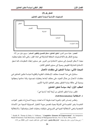 ‫اﻝﻔﺼل‬
‫اﻷول‬
‫ي‬
‫اﻝﻨظر‬ ‫اﻹطﺎر‬
‫اﻝﻌﺎﻤﻠﻴن‬ ‫ﺘﻤﻜﻴن‬ ‫ﻝﺴﻴﺎﺴﺔ‬
24
‫رﻗم‬ ‫اﻝﺸﻜل‬
)
5
(
‫اﻷﺴﺎﺴﻴﺔ‬ ‫اﻝﻤﺴﺘوﻴﺎت‬
‫ﻝﺴﻴﺎﺴﺔ‬
‫ﺘﻤﻜﻴن‬
‫اﻝﻌﺎﻤﻠﻴن‬
‫اﻝﻤﺼدر‬
:
‫أﻓﻨدي‬ ‫ﺤﺴﻴن‬ ‫ﻋطﻴﺔ‬
"،
‫ﺘﻤﻜﻴن‬
‫اﻝ‬
:‫ﻌﺎﻤﻠﻴن‬
‫ﻤدﺨل‬
‫ﻝﻠﺘﺤﺴﻴن‬
‫اﻝﺘطوﻴر‬‫و‬
‫اﻝﻤﺴﺘﻤر‬
،"
‫ﻤرﺠﻊ‬
‫ص‬ ،‫ﺴﺎﺒق‬
42
.
‫اﻝﺸﻜل‬ ‫ﻴوﻀﺢ‬
‫ﻗم‬‫ر‬
)
5
(
‫ـذ‬‫ﺨ‬‫ﺘﺄ‬ ‫اﻝﺘﻲ‬‫و‬ ،‫ار‬
‫ر‬‫اﻝﻘ‬ ‫اﺘﺨﺎذ‬ ‫ﻓﻲ‬ ‫ﻝﻠﻤﺸﺎرﻜﺔ‬ ‫اﻝﻤﺨﺘﻠﻔﺔ‬ ‫اﻝﻤﺴﺘوﻴﺎت‬
‫ـوة‬‫ط‬‫ﺨ‬
،‫ـوة‬‫ط‬‫ﺒﺨ‬
‫ـﺎء‬‫ط‬‫إﻋ‬ ‫ـﺘوى‬‫ﺴ‬‫ﻤ‬ ‫ـر‬‫ﺒ‬‫ﻋ‬ ‫ـرور‬‫ﻤ‬‫اﻝ‬ ‫دون‬ ‫ة‬
‫ر‬‫ـﺎ‬‫ﺸ‬‫اﻻﺴﺘ‬ ‫ـﺘوى‬‫ﺴ‬‫ﻤ‬ ‫ـﻰ‬‫ﻝ‬‫إ‬ ‫ـول‬‫ﺼ‬‫اﻝو‬ ‫ـن‬‫ﻜ‬‫ﻴﻤ‬ ‫ﻻ‬ ‫ﺒﺤﻴث‬
،‫ـﺎت‬‫ﻤ‬‫اﻝﻤﻌﻠو‬
‫ـﺒق‬‫ﺴ‬‫ﺘ‬ ‫ـﺎ‬‫ﻤ‬‫ﻜ‬
‫ة‬
‫ر‬‫اﻻﺴﺘﺸﺎ‬
‫اﻝﻤﺸﺎرﻜﺔ‬
‫اﻝﺘﻔو‬
‫ﻴض‬
‫ﻤﺴﺘوى‬ ‫إﻝﻰ‬ ‫ﻻ‬
‫وﺼو‬
‫اﻝﺘﻤﻜﻴن‬
‫اﻝﻜﺎﻤل‬
.
:‫اﻝﺜﺎﻨﻲ‬ ‫اﻝﻤﺒﺤث‬
‫ﺴﻴﺎﺴﺔ‬
‫اﻷﻋﻤﺎل‬ ‫ﻤﻨظﻤﺎت‬ ‫ﻓﻲ‬ ‫اﻝﺘﻤﻜﻴن‬
‫ـﻲ‬‫ـ‬‫ـ‬‫ـ‬‫ﻓ‬ ‫ـﺎﻤﻠﻴن‬‫ـ‬‫ـ‬‫ـ‬‫ﻌ‬‫اﻝ‬ ‫ـﻴن‬‫ـ‬‫ـ‬‫ـ‬‫ﻜ‬‫ﺘﻤ‬ ‫ـﺔ‬‫ـ‬‫ـ‬‫ـ‬‫ﺴ‬‫ﻝﺴﻴﺎ‬ ‫ـﺔ‬‫ـ‬‫ـ‬‫ـ‬‫ﻴ‬‫ر‬‫اﻝﻔﻜ‬‫و‬ ‫ـﺔ‬‫ـ‬‫ـ‬‫ـ‬‫ﻴ‬‫ر‬‫اﻝﻨظ‬ ‫ـﻘﺎطﺎت‬‫ـ‬‫ـ‬‫ـ‬‫ﺴ‬‫اﻹ‬ ‫ـف‬‫ـ‬‫ـ‬‫ـ‬‫ﻠ‬‫ﻤﺨﺘ‬ ‫ـث‬‫ـ‬‫ـ‬‫ـ‬‫ﺤ‬‫اﻝﻤﺒ‬ ‫ـذا‬‫ـ‬‫ـ‬‫ـ‬‫ﻫ‬ ‫ـﻲ‬‫ـ‬‫ـ‬‫ـ‬‫ﻓ‬ ‫ـﻨﺘﻨﺎول‬‫ـ‬‫ـ‬‫ـ‬‫ﺴ‬
‫ـﺎ‬‫ـ‬‫ﻬ‬‫وﻤﻌﻴﻘﺎﺘ‬ ‫ـﺎ‬‫ـ‬‫ﻬ‬‫دﻋﺎﺌﻤ‬ ‫ـذا‬‫ـ‬‫ﻜ‬‫و‬ ،‫ـدﻴﻬﺎ‬‫ـ‬‫ﺴ‬‫ﺘﺠ‬ ‫ات‬‫و‬‫ـ‬‫ـ‬‫ط‬‫وﺨ‬ ‫ـﺎ‬‫ـ‬‫ﻫ‬‫أﺒﻌﺎد‬ ‫ـف‬‫ـ‬‫ﻠ‬‫ﻤﺨﺘ‬ ‫ـﻰ‬‫ـ‬‫ﻠ‬‫ﻋ‬ ‫ـرف‬‫ـ‬‫ﻌ‬‫اﻝﺘ‬ ‫ـﻼل‬‫ـ‬‫ﺨ‬ ‫ـن‬‫ـ‬‫ﻤ‬ ‫ـﺎل‬‫ـ‬‫ﻤ‬‫اﻻﻋ‬ ‫ـﺎت‬‫ـ‬‫ﻤ‬‫ﻤﻨظ‬
‫ﻻ‬
‫ووﺼو‬
.‫ى‬
‫اﻷﺨر‬ ‫ﻴﺔ‬‫ر‬‫اﻹدا‬ ‫اﻝﻤﻔﺎﻫﻴم‬ ‫ﺒﺒﻌض‬ ‫اﻝﺘﻤﻜﻴن‬ ‫ﺴﻴﺎﺴﺔ‬ ‫ﻋﻼﻗﺔ‬ ‫إﻝﻰ‬
‫أﺒﻌﺎد‬ :‫اﻷول‬ ‫اﻝﻤطﻠب‬
‫ﺴﻴﺎﺴﺔ‬
‫ﺘﻤﻜﻴن‬
‫اﻝﻌﺎﻤﻠﻴن‬
‫ﺘ‬
‫ﺘﻜون‬
‫اﻝﻌﺎﻤﻠﻴن‬ ‫ﺘﻤﻜﻴن‬ ‫ﺴﻴﺎﺴﺔ‬
‫أﺒﻌﺎد‬ ‫ﺒﻌﺔ‬‫ر‬‫أ‬ ‫ﻤن‬
‫أﺴﺎﺴﻴﺔ‬
‫ﻫﻲ‬
1
:
1
.
‫اﻻﺴﺘﻘﻼﻝﻴﺔ‬
)
Self-Determination
:(
‫ـﻪ‬‫ـ‬‫ـ‬‫ﻠ‬‫ﻝﻌﻤ‬ ‫أداءﻩ‬ ‫ـﺔ‬‫ـ‬‫ـ‬‫ﻘ‬‫ﻴ‬‫ر‬‫ط‬ ‫ـﺎﻩ‬‫ـ‬‫ـ‬‫ﺠ‬‫اﺘ‬ ‫ـﺔ‬‫ـ‬‫ـ‬‫ﻴ‬‫ر‬‫ﺒﺎﻝﺤ‬ ‫ـرد‬‫ـ‬‫ـ‬‫ﻔ‬‫اﻝ‬ ‫ـﺎس‬‫ـ‬‫ـ‬‫ﺴ‬‫إﺤ‬ ‫ـس‬‫ـ‬‫ـ‬‫ﻜ‬‫وﺘﻌ‬
،
‫ﺒﺘﻐ‬ ‫ـﻪ‬‫ـ‬‫ـ‬‫ﻝ‬ ‫ـﻤﺎح‬‫ـ‬‫ـ‬‫ﺴ‬‫اﻝ‬ ‫ـﺔ‬‫ـ‬‫ـ‬‫ﺠ‬‫ودر‬
‫ـب‬‫ـ‬‫ـ‬‫ﻨ‬‫ا‬‫و‬‫اﻝﺠ‬ ‫ـر‬‫ـ‬‫ـ‬‫ﻴ‬‫ﻴ‬
‫ـﻲ‬‫ـ‬‫ـ‬‫ﻓ‬ ‫ـﺔ‬‫ـ‬‫ـ‬‫ﺴ‬‫اﻝﻤﻠﻤو‬ ‫ـر‬‫ـ‬‫ـ‬‫ﻴ‬‫وﻏ‬ ‫ـﺔ‬‫ـ‬‫ـ‬‫ﺴ‬‫اﻝﻤﻠﻤو‬
‫ـرﻜﺔ‬‫ـ‬‫ـ‬‫ﺸ‬‫اﻝ‬
‫ـداث‬‫ـ‬‫ـ‬‫ﺤ‬‫اﻷ‬ ‫ـن‬‫ـ‬‫ـ‬‫ﻋ‬ ‫ـﺒﺒﻴﺔ‬‫ـ‬‫ـ‬‫ﺴ‬‫اﻝ‬ ‫ـؤوﻝﻴﺔ‬‫ـ‬‫ـ‬‫ﺴ‬‫اﻝﻤ‬ ‫ـﺎر‬‫ـ‬‫ـ‬‫ﻴ‬‫اﻻﺨﺘ‬ ‫ـﺔ‬‫ـ‬‫ـ‬‫ﻴ‬‫ر‬‫ﺤ‬ ‫ـﻤن‬‫ـ‬‫ـ‬‫ﻀ‬‫ﺘﺘ‬ ‫ـث‬‫ـ‬‫ـ‬‫ﻴ‬‫ﺒﺤ‬
‫و‬ ‫ـﻴﺔ‬‫ﺼ‬‫اﻝﺸﺨ‬
‫ـﻲ‬‫ﻨ‬‫ﺘﻌ‬
‫ـﻠﺘﻬﺎ‬‫ﺼ‬‫ا‬‫و‬‫وﻤ‬ ‫ـل‬‫ـ‬‫ﻤ‬‫اﻝﻌ‬ ‫ـﺎت‬‫ﻴ‬‫وﻋﻤﻠ‬ ‫ـﻠوﻜﻴﺎت‬‫ـ‬‫ﺴ‬ ‫ـﻲ‬‫ﻓ‬ ‫ع‬
‫ـرو‬‫ﺸ‬‫اﻝ‬ ‫ـﻲ‬‫ـ‬‫ﻓ‬ ‫ـﺔ‬‫ﻴ‬‫ر‬‫اﻝﺤ‬ ‫ـﺘﻘﻼﻝﻴﺔ‬‫ـ‬‫ﺴ‬‫اﻻ‬
2
،
‫و‬
‫ـﺘﻘﻼﻝﻴﺔ‬‫ـ‬‫ﺴ‬‫اﻻ‬
1
- Kenith W. Thomas & Betty A. Velthouse, '' Conginitive Elements Of Empowerment'': An Inetrpretive
Model Of Instrinsic Task Motivation, Academy Of Management Review, Vol. 15, No.4, 1990, p: 669.
2
-
‫اس‬‫و‬‫أﻨدر‬ ‫ﺠﻤﺎل‬ ‫اﻤﻲ‬
‫ر‬
،
‫ﻤﻌﺎﻴﻌﺔ‬ ‫ﺴﺎﻝم‬ ‫ﻋﺎدل‬
،
"‫اﻝﺘﻤﻜﻴن‬‫و‬ ‫ﺒﺎﻝﺜﻘﺔ‬ ‫ة‬
‫اﻹدار‬ "
،
‫اﻷوﻝﻰ‬ ‫اﻝطﺒﻌﺔ‬
،
‫اﻝﺤدﻴث‬ ‫اﻝﻜﺘﺎب‬ ‫ﻋﺎﻝم‬
،
‫اﻷردن‬
،
2008
،
‫ص‬
133
.
‫ـﺎت‬‫ﻤ‬‫اﻝﻤﻌﻠو‬ ‫إﻋطﺎء‬
‫اﻹ‬
‫ة‬
‫ر‬‫ﺴﺘﺸﺎ‬
‫اﻝﻤﺸﺎرﻜﺔ‬
‫اﻝﺘﻔوﻴض‬
‫اﻝﺘﻤﻜﻴن‬
 