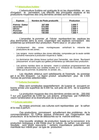 19
1-2 Arboriculture fruitière :
L'arboriculture fruitière est pratiquée là où les disponibilités en eau
d'irrigation le permettent. Les effectifs des principales espèces et les
productions moyennes des cinq dernières années sont les suivants :
Espèces Nombre de Pieds productifs Production
-Palmier Dattier
-Amandier
-Olivier
-Pommier
-Abricotier
267.000
575.000
332.000
425.000
140.000
3.800 T
3.000 T
2.800 T
3.830 T
1.660 T
L'amandier, le pommier et l'olivier représentent les espèces les
plus dominantes dans la zone. Cependant ces espèces connaissent des
problèmes qui entravent leur production. Parmi ceux ci on peut citer :
- L'enclavement des zones montagneuses entraînant la mévente des
productions de ces zones ;
- Les vergers mono variétaux des zones oléicoles, composées par la seule variété
picholine marocaine à production moyenne à faible ;
- La dominance des clones locaux surtout pour l'amandier, ces clones fleurissent
précocement et sont sujets aux gelées printanières qui détruisent leur production.
- Les actions menées dans ce domaine visent à substituer progressivement des
variétés sélectionnées aux variétés locales et à introduire de nouvelles espèces
telles que le pommier, le pistachier, le cerisier, etc...
Les résultats obtenus sont satisfaisants et l'exemple du pommier
est à ce titre éloquent : La région produit actuellement plus de 3.500
Tonnes de pommes sélectionnées.
1-3 Cultures fourragères :
Elles sont constituées essentiellement de luzerne et occupent en
bonne année une superficie de 6.000 ha, soit près de 20% de la superficie
cultivée.
La production moyenne des cinq dernières années est de 250.000
T sur une superficie de 5.000 ha. Les actions entreprises par l'ORMVAO
visent l'amélioration et la diversification de la production.
1-4 Cultures spéciales :
Au niveau provincial, ces cultures sont représentées par le safran
et la rose à parfum.
Ces productions connaissent actuellement des problèmes de la
commercialisation. Et l'Office essaye d'intervenir par l'organisation des
producteurs et la recherche de débouchés sur le marché extérieur.
Une nouvelle stratégie de production basée sur la conversion à la
production biologique a été initiée pour la culture du safran. Les premiers
résultats sont plutôt rassurants ; certains importateurs potentiels ont
manifesté leur intérêt pour ce type de production.
 