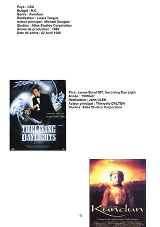 42
Pays : USA
Budget : N.C.
Genre : Aventure
Réalisateur : Lewis Teague
Acteur principal : Michael Douglas
Studios : Atlas Studios Corporation
Année de production : 1985
Date de sortie : 02 Avril 1986
Titre: James Bond 007, the Living Day Light
Année : 19986-87
Réalisateur : John GLEN
Acteur principal : Thimothy DALTON
Studios: Atlas Studios Corporation
 