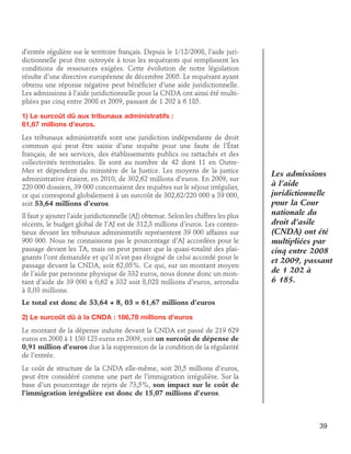 d’entrée régulière sur le territoire français. Depuis le 1/12/2008, l’aide juridictionnelle peut être octroyée à tous les requérants qui remplissent les
conditions de ressources exigées. Cette évolution de notre législation
résulte d’une directive européenne de décembre 2005. Le requérant ayant
obtenu une réponse négative peut bénéficier d’une aide juridictionnelle.
Les admissions à l’aide juridictionnelle pour la CNDA ont ainsi été multipliées par cinq entre 2008 et 2009, passant de 1 202 à 6 185.
1) Le surcoût dû aux tribunaux administratifs : 	
61,67 millions d’euros.
Les tribunaux administratifs sont une juridiction indépendante de droit
commun qui peut être saisie d’une requête pour une faute de l’État
français, de ses services, des établissements publics ou rattachés et des
collectivités territoriales. Ils sont au nombre de 42 dont 11 en OutreMer et dépendent du ministère de la Justice. Les moyens de la justice
administrative étaient, en 2010, de 302,62 millions d’euros. En 2009, sur
220 000 dossiers, 39 000 concernaient des requêtes sur le séjour irrégulier,
ce qui correspond globalement à un surcoût de 302,62/220 000 x 39 000,
soit 53,64 millions d’euros.
Il faut y ajouter l’aide juridictionnelle (AJ) obtenue. Selon les chiffres les plus
récents, le budget global de l’AJ est de 312,3 millions d’euros. Les contentieux devant les tribunaux administratifs représentent 39 000 affaires sur
900 000. Nous ne connaissons pas le pourcentage d’AJ accordées pour le
passage devant les TA, mais on peut penser que la quasi-totalité des plaignants l’ont demandée et qu’il n’est pas éloigné de celui accordé pour le
passage devant la CNDA, soit 62,05%. Ce qui, sur un montant moyen
de l’aide par personne physique de 332 euros, nous donne donc un montant d’aide de 39 000 x 0,62 x 332 soit 8,028 millions d’euros, arrondis
à 8,03 millions.

Les admissions
à l’aide
juridictionnelle
pour la Cour
nationale du
droit d’asile
(CNDA) ont été
multipliées par
cinq entre 2008
et 2009, passant
de 1 202 à
6 185.

Le total est donc de 53,64 + 8, 03 = 61,67 millions d’euros
2) Le surcoût dû à la CNDA : 186,78 millions d’euros
Le montant de la dépense induite devant la CNDA est passé de 219 629
euros en 2008 à 1 130 123 euros en 2009, soit un surcoût de dépense de
0,91 million d’euros due à la suppression de la condition de la régularité
de l’entrée.
Le coût de structure de la CNDA elle-même, soit 20,5 millions d’euros,
peut être considéré comme une part de l’immigration irrégulière. Sur la
base d’un pourcentage de rejets de 73,5%, son impact sur le coût de
l’immigration irrégulière est donc de 15,07 millions d’euros.

39

 