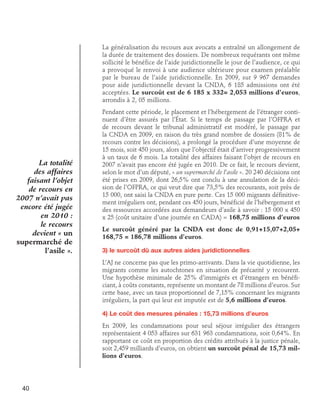 La généralisation du recours aux avocats a entraîné un allongement de
la durée de traitement des dossiers. De nombreux requérants ont même
sollicité le bénéfice de l’aide juridictionnelle le jour de l’audience, ce qui
a provoqué le renvoi à une audience ultérieure pour examen préalable
par le bureau de l’aide juridictionnelle. En 2009, sur 9 967 demandes
pour aide juridictionnelle devant la CNDA, 6 185 admissions ont été
acceptées. Le surcoût est de 6 185 x 332= 2,053 millions d’euros,
arrondis à 2, 05 millions.

La totalité
des affaires
faisant l’objet
de recours en
2007 n’avait pas
encore été jugée
en 2010 :
le recours
devient « un
supermarché de
l’asile ».

Pendant cette période, le placement et l’hébergement de l’étranger continuent d’être assurés par l’État. Si le temps de passage par l’OFPRA et
de recours devant le tribunal administratif est modéré, le passage par
la CNDA en 2009, en raison du très grand nombre de dossiers (81% de
recours contre les décisions), a prolongé la procédure d’une moyenne de
15 mois, soit 450 jours, alors que l’objectif était d’arriver progressivement
à un taux de 6 mois. La totalité des affaires faisant l’objet de recours en
2007 n’avait pas encore été jugée en 2010. De ce fait, le recours devient,
selon le mot d’un député, « un supermarché de l’asile ». 20 240 décisions ont
été prises en 2009, dont 26,5% ont conclu à une annulation de la décision de l’OFPRA, ce qui veut dire que 73,5% des recourants, soit près de
15 000, ont saisi la CNDA en pure perte. Ces 15 000 migrants définitivement irréguliers ont, pendant ces 450 jours, bénéficié de l’hébergement et
des ressources accordées aux demandeurs d’asile à savoir : 15 000 x 450
x 25 (coût unitaire d’une journée en CADA) = 168,75 millions d’euros
Le surcoût généré par la CNDA est donc de 0,91+15,07+2,05+
168,75 = 186,78 millions d’euros.
3) le surcoût dû aux autres aides juridictionnelles
L’AJ ne concerne pas que les primo-arrivants. Dans la vie quotidienne, les
migrants comme les autochtones en situation de précarité y recourent.
Une hypothèse minimale de 25% d’immigrés et d’étrangers en bénéficiant, à coûts constants, représente un montant de 78 millions d’euros. Sur
cette base, avec un taux proportionnel de 7,15% concernant les migrants
irréguliers, la part qui leur est imputée est de 5,6 millions d’euros.
4) Le coût des mesures pénales : 15,73 millions d’euros
En 2009, les condamnations pour seul séjour irrégulier des étrangers
représentaient 4 053 affaires sur 631 963 condamnations, soit 0,64%. En
rapportant ce coût en proportion des crédits attribués à la justice pénale,
soit 2,459 milliards d’euros, on obtient un surcoût pénal de 15,73 millions d’euros.

40

 