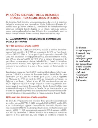 IV.  oûts relevant de la demande
C
d’asile : 192,23 millions d’euros
La demande d’asile constitue une dépense partagée. Le coût de la migration
irrégulière correspond aux demandeurs d’asile finalement déboutés. Ce
sont les seuls qui seront chiffrés ici, à l’exception des interpellations déjà
comptées en totalité dans le chapitre sur les retours. Car on ne sait pas,
quand on interpelle quelqu’un, si en définitive il va obtenir l’asile, rester en
France comme débouté ou être contraint de rentrer dans son pays.

A - L’augmentation du nombre de demandeurs
d’asile est rapide
1) 47 686 demandes d’asile en 2009
Selon le rapport de l’OFPRA du 9/4/2010, en 2009 le nombre de demandeurs d’asile s’est élevé à 47 686, en progression de 12% sur l’année précédente (42 599). Mais si l’on ne prend que les premières demandes (33
235), plus les mineurs accompagnants (8 883), elles se montent à 42 118,
soit 19% de plus qu’en 2008 (35 404). C’est le nombre d’examens et de
procédures prioritaires qui a baissé. Selon l’Office, « l’année 2009 confirme
que la demande d’asile est entrée depuis plus d’un an dans un nouveau cycle de
croissance et aucun élément, à ce jour, ne laisse présager une baisse des flux en
2010 ».
Les résultats connus sur l’année 2010 confirment la tendance. Selon le rapport de l’UNHCR, le nombre de demandes d’asile a baissé dans les pays
développés (358 800, soit 5% de moins qu’en 2009). Mais il a augmenté
en Allemagne (+ 49%), en Suède (+ 32%), au Danemark, en Turquie, en
Belgique et en France. Celle-ci a reçu 47 800 premières demandes soit
13,5% de plus qu’en 2009 et occupe toujours le second rang parmi les principaux pays de destination des demandeurs d’asile derrière les États-Unis
et devant l’Allemagne, la Suède et le Canada. Ce qui devrait tordre le cou
à toutes les légendes colportées avec complaisance ou compassion sur l’absence d’attraction et de générosité de la France en matière de droit d’asile.

La France
occupe toujours
le second rang
parmi les
principaux pays
de destination
des demandeurs
d’asile derrière
les États-Unis
et devant
l’Allemagne,
la Suède et
le Canada.

2) Un quart des demandes d’asile acceptées
En 2009, 10 373 personnes ont bénéficié d’une protection internationale
accordées soit par l’OFPRA (5 048 ), soit par la CNDA (5 325), soit 24,35%
si on fait le calcul par rapport à l’ensemble des demandes déposées l’année précédente (42 599). Ceci marque toutefois un net fléchissement par
rapport à 2008 (11 441 réponses positives sur 35 000 demandes en 2007,
soit 32,7%). Parmi elles, 2 249 ont bénéficié de la protection subsidiaire
accordée à toute personne qui, sans remplir les conditions d’octroi du
47

 