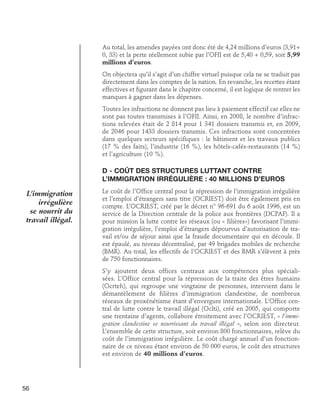 Au total, les amendes payées ont donc été de 4,24 millions d’euros (3,91+
0, 33) et la perte réellement subie par l’OFII est de 5,40 + 0,59, soit 5,99
millions d’euros.
On objectera qu’il s’agit d’un chiffre virtuel puisque cela ne se traduit pas
directement dans les comptes de la nation. En revanche, les recettes étant
effectives et figurant dans le chapitre concerné, il est logique de rentrer les
manques à gagner dans les dépenses.
Toutes les infractions ne donnent pas lieu à paiement effectif car elles ne
sont pas toutes transmises à l’OFII. Ainsi, en 2008, le nombre d’infractions relevées était de 2 814 pour 1 341 dossiers transmis et, en 2009,
de 2046 pour 1433 dossiers transmis. Ces infractions sont concentrées
dans quelques secteurs spécifiques : le bâtiment et les travaux publics
(17 % des faits), l’industrie (16 %), les hôtels-cafés-restaurants (14 %)
et l’agriculture (10 %).

D - Coût des structures luttant contre 	
l’immigration irrégulière : 40 millions d’euros

L’immigration
irrégulière
se nourrit du
travail illégal.

Le coût de l’Office central pour la répression de l’immigration irrégulière
et l’emploi d’étrangers sans titre (OCRIEST) doit être également pris en
compte. L’OCRIEST, créé par le décret n° 96-691 du 6 août 1996, est un
service de la Direction centrale de la police aux frontières (DCPAF). Il a
pour mission la lutte contre les réseaux (ou « filières») favorisant l’immigration irrégulière, l’emploi d’étrangers dépourvus d’autorisation de travail et/ou de séjour ainsi que la fraude documentaire qui en découle. Il
est épaulé, au niveau décentralisé, par 49 brigades mobiles de recherche
(BMR). Au total, les effectifs de l’OCRIEST et des BMR s’élèvent à près
de 750 fonctionnaires.
S’y ajoutent deux offices centraux aux compétences plus spécialisées. L’Office central pour la répression de la traite des êtres humains
(Ocrteh), qui regroupe une vingtaine de personnes, intervient dans le
démantèlement de filières d’immigration clandestine, de nombreux
réseaux de proxénétisme étant d’envergure internationale. L’Office central de lutte contre le travail illégal (Oclti), créé en 2005, qui comporte
une trentaine d’agents, collabore étroitement avec l’OCRIEST, « l’immigration clandestine se nourrissant du travail illégal », selon son directeur.
L’ensemble de cette structure, soit environ 800 fonctionnaires, relève du
coût de l’immigration irrégulière. Le coût chargé annuel d’un fonctionnaire de ce niveau étant environ de 50 000 euros, le coût des structures
est environ de 40 millions d’euros.

56

 