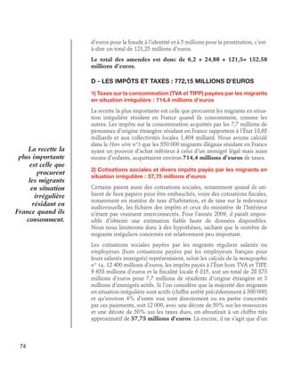 d’euros pour la fraude à l’identité et à 5 millions pour la prostitution, c’està-dire un total de 121,25 millions d’euros.
Le total des amendes est donc de 6,2 + 24,88 + 121,5= 152,58
millions d’euros.

D - Les impôts et taxes : 772,15 millions d’euros
1) Taxes sur la consommation (TVA et TIPP) payées par les migrants
en situation irrégulière : 714,4 millions d’euros

La recette la
plus importante
est celle que
procurent
les migrants
en situation
irrégulière
résidant en
France quand ils
consomment.

La recette la plus importante est celle que procurent les migrants en situation irrégulière résidant en France quand ils consomment, comme les
autres. Les impôts sur la consommation acquittés par les 7,7 millions de
personnes d’origine étrangère résidant en France rapportent à l’État 18,65
milliards et aux collectivités locales 1,404 milliard. Nous avions calculé
dans le Hors série n°3 que les 550 000 migrants illégaux résidant en France
ayant un pouvoir d’achat inférieur à celui d’un immigré légal mais aussi
moins d’enfants, acquittaient environ 714,4 millions d’euros de taxes.
2) Cotisations sociales et divers impôts payés par les migrants en
situation irrégulière : 57,75 millions d’euros
Certains paient aussi des cotisations sociales, notamment quand ils utilisent de faux papiers pour être embauchés, voire des cotisations fiscales,
notamment en matière de taxe d’habitation, et de taxe sur la redevance
audiovisuelle, les fichiers des impôts et ceux du ministère de l’Intérieur
n’étant pas vraiment interconnectés. Pour l’année 2009, il paraît impossible d’obtenir une estimation fiable faute de données disponibles.
Nous nous limiterons donc à des hypothèses, sachant que le nombre de
migrants irréguliers concernés est relativement peu important.
Les cotisations sociales payées par les migrants réguliers salariés ou
employeurs (hors cotisations payées par les employeurs français pour
leurs salariés immigrés) représentaient, selon les calculs de la monographie
n° 14, 12 400 millions d’euros, les impôts payés à l’État hors TVA et TIPP,
9 658 millions d’euros et la fiscalité locale 6 815, soit un total de 28 873
millions d’euros pour 7,7 millions de résidents d’origine étrangère et 3
millions d’immigrés actifs. Si l’on considère que la majorité des migrants
en situation irrégulière sont actifs (chiffre arrêté précédemment à 300 000)
et qu’environ 4% d’entre eux sont directement ou en partie concernés
par ces paiements, soit 12 000, avec une décote de 50% sur les ressources
et une décote de 50% sur les taxes dues, on aboutirait à un chiffre très
approximatif de 57,75 millions d’euros. Là encore, il ne s’agit que d’un

74

 