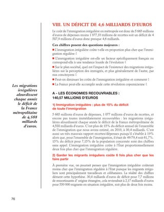 VIII.  n déficit de 4,6 milliards d’euros
U
Le coût de l’immigration irrégulière en métropole est donc de 5 665 millions
d’euros de dépenses moins 1 077,10 millions de recettes soit un déficit de 4
587,9 millions d’euros donc presque 4,6 milliards.

Les migrations
irrégulières
alourdissent
chaque année
le déficit de
la France
métropolitaine
de 4,588
milliards
d’euros.

Ces chiffres posent des questions majeures :
n L’immigration irrégulière coûte t-elle en proportion plus cher que l’immigration régulière ?
n L’immigration irrégulière est-elle un facteur spécifiquement français ou
correspond-elle à une tendance lourde de l’évolution ?
n Sur le plan sociétal, quel est l’impact de l’existence des migrations irrégulières sur la perception des immigrés, et plus généralement de l’autre, par
nos concitoyens ?
n Peut-on diminuer les coûts de l’immigration irrégulière et comment ?
n La France peut-elle accomplir seule cette révolution copernicienne ?

A - Les économies recouvrables :
140,57 millions d’euros
1) Immigration irrégulière : plus de 15% du déficit 	
de toute l’immigration
5 665 millions d’euros de dépenses, 1 077 millions d’euros de recettes, et
encore pas toutes immédiatement recouvrables : les migrations irrégulières alourdissent chaque année le déficit de la France métropolitaine de
4,588 milliards d’euros. C’est plus de 15% du déficit annuel de l’ensemble
de l’immigration que nous avons estimé, en 2010, à 30,4 milliards. C’est
aussi un très mauvais rapport recettes/dépenses puisqu’il s’établit à 19%
alors que, pour l’ensemble de l’immigration, il était de 49/79,4 soit 61,7%.
15% du déficit pour 7,15% de la population concernée sont des chiffres
sans appel. L’immigration irrégulière coûte à l’état proportionnellement
deux fois plus cher que l’immigration régulière.
2) Garder les migrants irréguliers coûte 6 fois plus cher que les
faire partir
À première vue, on pourrait penser que l’immigration irrégulière coûterait
moins cher que l’immigration régulière à l’Etat puisque les migrants irréguliers sont principalement travailleurs et célibataires. La réalité des chiffres
dément cette hypothèse. 30,4 milliards d’euros de déficit pour 7,7 millions
de ressortissants d’ origine étrangère, cela reviendrait à 2,17 milliards d’euros
pour 550 000 migrants en situation irrégulière, soit plus de deux fois moins.

76

 