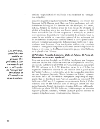 entraîne l’augmentation des ressources et la contraction de l’immigration irrégulière.

Les arrivants,
quand ils sont
arrêtés, ne
peuvent être
présentés à leur
ambassade qui
est en métropole.
Ils finissent par
être libérés et
s’évanouissent
dans la nature.

86

Les autres migrants irréguliers viennent de Madagascar tout proche, des
Comores, de l’île Maurice ou de l’Extrême-Orient par les deux vols hebdomadaires de Bangkok. Ces derniers sont des Asiatiques, Sri-Lankais,
Indiens, Bengalis ou Chinois munis de faux passeports fabriqués en
général à Hong-Kong et qui leur sont fournis par des passeurs. La PAF,
moins bien outillée que celle des aéroports de la métropole, n’a pas toujours les moyens de contrôler la véritable identité des arrivants. Ceux-ci,
quand ils sont arrêtés, ne peuvent être présentés à leur ambassade qui
est en métropole et ont peu de chance d’obtenir le laissez-passer consulaire qui permettra leur reconduite. Ils finissent pas être libérés et s’évanouissent dans la nature. Cette immigration résidente est cependant
limitée et l’immigration irrégulière mauricienne paraît en régression du
fait que le niveau de vie des Mauriciens est celui qui, par tête d’habitant,
est le plus élevé de l’Afrique.
d) Polynésie, Nouvelle-Calédonie, Wallis-et-Futuna, St-Pierre-etMiquelon : nombre non significatif.
Dans ces territoires, les règles du CESEDA s’appliquent aux étrangers
selon des décrets pris à Wallis-et-Futuna et en Polynésie le 26/4/2000,
en Nouvelle Calédonie le 20/3/2002. En Polynésie française, qui compte
250 000 habitants sur les 3 521 kilomètres carrés de ses 118 îles, les
migrations internes ont toujours été une tradition dans la grande route
de l’Océan Pacifique, et parfois même un rite de passage. Les migrations
externes (Européens, Japonais, Chinois, habitants de Kiribati,) représentent moins de 8% de l’ensemble et l’immigration irrégulière y est négligeable. Il en est de même à Saint-Pierre-et-Miquelon qui comptait 6 090
habitants en 2007 avec 8 étrangers et aucune demande d’asile, à Walliset-Futuna avec 14 166 habitants dont 19 étrangers venant des pays
autour (Vanuatu, Tonga). La situation est un peu différente en NouvelleCalédonie qui abrite 230 739 habitants, 3 600 étrangers en situation
régulière (Vanuatu, Indonésie, Vietnam, Chine) et quelques dizaines de
migrants irréguliers venant principalement de Vanuatu.

 