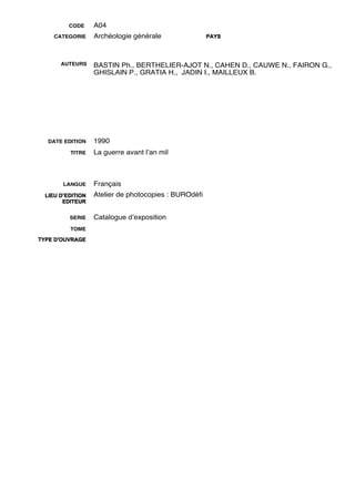 CODE     A04
     CATEGORIE     Archéologie générale               PAYS




       AUTEURS     BASTIN Ph., BERTHELIER-AJOT N., CAHEN D., CAUWE N., FAIRON G.,
                   GHISLAIN P., GRATIA H., JADIN I., MAILLEUX B.




   DATE EDITION    1990
          TITRE    La guerre avant lʼan mil



        LANGUE     Français
  LIEU D’EDITION   Atelier de photocopies : BUROdéﬁ
        EDITEUR


          SERIE    Catalogue dʼexposition
          TOME

TYPE D'OUVRAGE
 