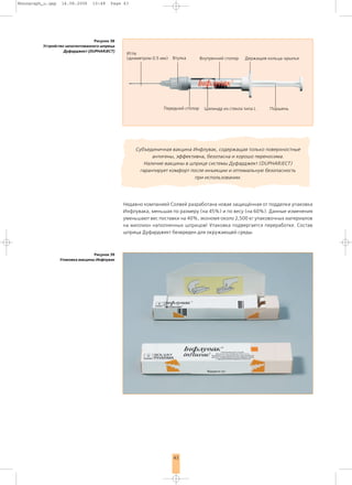Monograph_u.qxp   14.08.2006     10:48    Page 43




                                  Ðèñóíîê 38
         Óñòðîéñòâî çàïàòåíòîâàííîãî øïðèöà
                   Äóôàðäæåêò (DUPHARJECT)
                                                Èãëà
                                                (äèàìåòðîì 0.5 ìì)   Âòóëêà       Âíóòðåííèé ñòîïîð   Äåðæàùèå êîëüöà-êðûëüÿ




                                                                Ïåðåäíèé ñòîïîð     Öèëèíäð èç ñòåêëà òèïà L    Ïîðøåíü




                                                    Ñóáúåäèíè÷íàÿ âàêöèíà Èíôëóâàê, ñîäåðæàùàÿ òîëüêî ïîâåðõíîñòíûå
                                                           àíòèãåíû, ýôôåêòèâíà, áåçîïàñíà è õîðîøî ïåðåíîñèìà.
                                                        Íàëè÷èå âàêöèíû â øïðèöå ñèñòåìû Äóôàðäæåêò (DUPHARJECT)
                                                      ãàðàíòèðóåò êîìôîðò ïîñëå èíúåêöèè è îïòèìàëüíóþ áåçîïàñíîñòü
                                                                            ïðè èñïîëüçîâàíèè.




                                               Íåäàâíî êîìïàíèåé Ñîëâåé ðàçðàáîòàíà íîâàÿ çàùèù¸ííàÿ îò ïîääåëêè óïàêîâêà
                                               Èíôëóâàêà, ìåíüøàÿ ïî ðàçìåðó (íà 45%) è ïî âåñó (íà 60%). Äàííûå èçìåíåíèÿ
                                               óìåíüøàþò âåñ ïîñòàâêè íà 40%, ýêîíîìÿ îêîëî 2,500 êã óïàêîâî÷íûõ ìàòåðèàëîâ
                                               íà ìèëëèîí íàïîëíåííûõ øïðèöîâ! Óïàêîâêà ïîäâåðãàåòñÿ ïåðåðàáîòêå. Ñîñòàâ
                                               øïðèöà Äóôàðäæåêò áåçâðåäåí äëÿ îêðóæàþùåé ñðåäû.



                                  Ðèñóíîê 39
                  Óïàêîâêà âàêöèíû Èíôëóâàê




                                                                     43
 