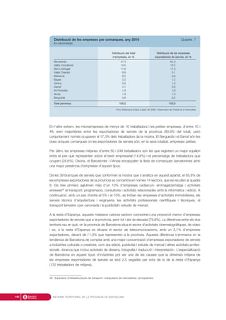 En l’altre extrem, les microempreses de menys de 10 treballadors i les petites empreses, d’entre 10 i
49, eren majoritàries entre les exportadores de serveis de la província (80,9% del total), però
conjuntament només ocupaven el 17,3% dels treballadors de la mostra. El Berguedà i el Garraf són les
dues úniques comarques on les exportadores de serveis són, en la seva totalitat, empreses petites.
Per últim, les empreses mitjanes d’entre 50 i 249 treballadors són les que registren un major equilibri
entre el pes que representen sobre el teixit empresarial (14,9%) i el percentatge de treballadors que
ocupen (28,6%). Osona, el Barcelonès i l’Anoia encapçalen la llista de comarques barcelonines amb
una major presència d’empreses d’aquest tipus.
De les 39 branques de serveis que conformen la mostra que s’analitza en aquest apartat, el 85,8% de
les empreses exportadores de la província es concentra en només 14 sectors, que es recullen al quadre
8. Els tres primers aglutinen més d’un 10% d’empreses cadascun: emmagatzematge i activitats
annexes28
al transport; programació, consultoria i activitats relacionades amb la informàtica i edició. A
continuació, amb un pes d’entre el 5% i el 10%, es troben les empreses d’activitats immobiliàries, els
serveis tècnics d’arquitectura i enginyeria, les activitats professionals científiques i tècniques, el
transport terrestre i per canonada i la publicitat i estudis de mercat.
A la resta d’Espanya, aquests mateixos catorze sectors concentren una proporció menor d’empreses
exportadores de serveis que a la província, però tot i així és elevada (79,6%). La diferència entre els dos
territoris rau en què, on la província de Barcelona situa el sector d’activitats cinematogràfiques, de vídeo
i so, a la resta d’Espanya es situaria el sector de telecomunicacions, amb un 2,1% d’empreses
exportadores, davant de l’1,3% que representen a la província. Aquesta diferència s’emmarca en la
tendència de Barcelona de comptar amb una major concentració d’empreses exportadores de serveis
a indústries culturals o creatives, com ara edició, publicitat i estudis de mercat i altres activitats profes-
sionals –branca que inclou activitats de disseny, fotografia i traducció i interpretació–. L’especialització
de Barcelona en aquest tipus d’indústries pot ser una de les causes que la dimensió mitjana de
les empreses exportadores de serveis se situï 2,5 vegades per sota de la de la resta d’Espanya
(132 treballadors de mitjana).
INFORME TERRITORIAL DE LA PROVÍNCIA DE BARCELONA192
28. Explotació d’infraestructures de transport i manipulació de mercaderies, principalment.
Distribució de les empreses per comarques, any 2010 Quadre 7
(En percentatge)
Distribució del total Distribució de les empreses
d’empreses, en % exportadores de serveis, en %
Barcelonès 47,4 61,3
Vallès Occidental 14,5 13,2
Baix Llobregat 11,8 11,3
Vallès Oriental 6,8 5,1
Maresme 6,5 3,0
Bages 3,2 1,2
Osona 3,2 1,3
Garraf 2,1 0,6
Alt Penedès 1,9 1,8
Anoia 1,9 1,0
Berguedà 0,8 0,2
Total província 100,0 100,0
Font: Elaboració pròpia a partir de SABI i Observatori del Treball de la Generalitat
 