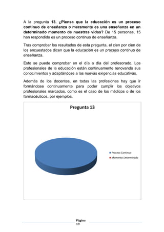 A la pregunta 13. ¿Piensa que la educación es un proceso
continuo de enseñanza o meramente es una enseñanza en un
determinado momento de nuestras vidas? De 15 personas, 15
han respondido es un proceso continuo de enseñanza.

Tras comprobar los resultados de esta pregunta, el cien por cien de
los encuestados dicen que la educación es un proceso continuo de
enseñanza.

Esto se puede comprobar en el día a día del profesorado. Los
profesionales de la educación están continuamente renovando sus
conocimientos y adaptándose a las nuevas exigencias educativas.

Además de los docentes, en todas las profesiones hay que ir
formándose continuamente para poder cumplir los objetivos
profesionales marcados, como es el caso de los médicos o de los
farmacéuticos, por ejemplos.

                          Pregunta 13




                                                  Proceso Continuo
                                                  Momento Determinado




                              Página
                              19
 