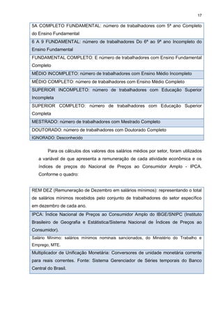 17

5A COMPLETO FUNDAMENTAL: número de trabalhadores com 5ª ano Completo
do Ensino Fundamental
6 A 9 FUNDAMENTAL: número de trabalhadores Do 6ª ao 9ª ano Incompleto do
Ensino Fundamental
FUNDAMENTAL COMPLETO: E número de trabalhadores com Ensino Fundamental
Completo
MÉDIO INCOMPLETO: número de trabalhadores com Ensino Médio Incompleto
MÉDIO COMPLETO: número de trabalhadores com Ensino Médio Completo
SUPERIOR INCOMPLETO: número de trabalhadores com Educação Superior
Incompleta
SUPERIOR COMPLETO: número de trabalhadores com Educação Superior
Completa
MESTRADO: número de trabalhadores com Mestrado Completo
DOUTORADO: número de trabalhadores com Doutorado Completo
IGNORADO: Desconhecido


        Para os cálculos dos valores dos salários médios por setor, foram utilizados
   a variável de que apresenta a remuneração de cada atividade econômica e os
   índices de preços do Nacional de Preços ao Consumidor Amplo - IPCA.
   Conforme o quadro:


REM DEZ (Remuneração de Dezembro em salários mínimos): representando o total
de salários mínimos recebidos pelo conjunto de trabalhadores do setor específico
em dezembro de cada ano.
IPCA: Índice Nacional de Preços ao Consumidor Amplo do IBGE/SNIPC (Instituto
Brasileiro de Geografia e Estátistica/Sistema Nacional de Índices de Preços ao
Consumidor).
Salário Mínimo: salários mínimos nominais sancionados, do Ministério do Trabalho e
Emprego, MTE.
Multiplicador de Unificação Monetária: Conversores de unidade monetária corrente
para reais correntes. Fonte: Sistema Gerenciador de Séries temporais do Banco
Central do Brasil.
 