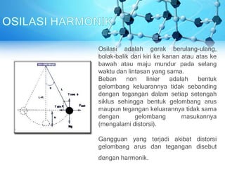 Osilasi adalah gerak berulang-ulang,
bolak-balik dari kiri ke kanan atau atas ke
bawah atau maju mundur pada selang
waktu dan lintasan yang sama.
Beban non linier adalah bentuk
gelombang keluarannya tidak sebanding
dengan tegangan dalam setiap setengah
siklus sehingga bentuk gelombang arus
maupun tegangan keluarannya tidak sama
dengan gelombang masukannya
(mengalami distorsi).
Gangguan yang terjadi akibat distorsi
gelombang arus dan tegangan disebut
dengan harmonik.
 