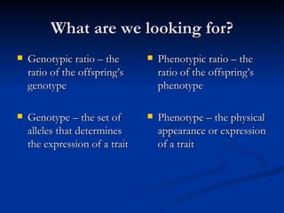 What are we looking for? Genotypic ratio – the ratio of the offspring’s genotype Genotype – the set of alleles that determines the expression of a trait Phenotypic ratio – the ratio of the offspring’s phenotype Phenotype – the physical appearance or expression of a trait