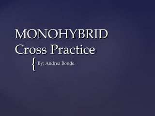 {{
MONOHYBRIDMONOHYBRID
Cross PracticeCross Practice
By: Andrea BondeBy: Andrea Bonde
 