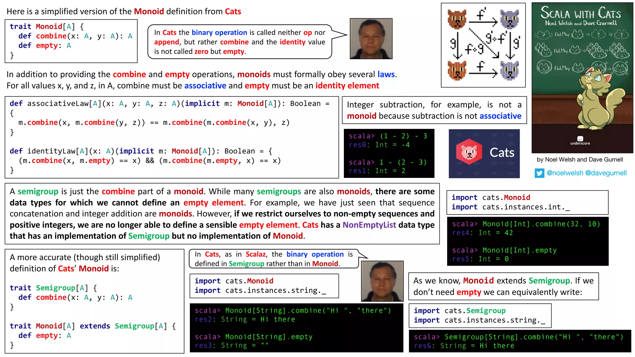 Here is a simplified version of the Monoid definition from Cats
trait Monoid[A] {
def combine(x: A, y: A): A
def empty: A
}
In addition to providing the combine and empty operations, monoids must formally obey several laws.
For all values x, y, and z, in A, combine must be associative and empty must be an identity element
def associativeLaw[A](x: A, y: A, z: A)(implicit m: Monoid[A]): Boolean =
{
m.combine(x, m.combine(y, z)) == m.combine(m.combine(x, y), z)
}
def identityLaw[A](x: A)(implicit m: Monoid[A]): Boolean = {
(m.combine(x, m.empty) == x) && (m.combine(m.empty, x) == x)
}
Integer subtraction, for example, is not a
monoid because subtraction is not associative
scala> (1 - 2) - 3
res0: Int = -4
scala> 1 - (2 - 3)
res1: Int = 2
A semigroup is just the combine part of a monoid. While many semigroups are also monoids, there are some
data types for which we cannot define an empty element. For example, we have just seen that sequence
concatenation and integer addition are monoids. However, if we restrict ourselves to non-empty sequences and
positive integers, we are no longer able to define a sensible empty element. Cats has a NonEmptyList data type
that has an implementation of Semigroup but no implementation of Monoid.
A	more	accurate	(though	still	simplified)	
definition	of	Cats’	Monoid is:
trait Semigroup[A] {
def combine(x: A, y: A): A
}
trait Monoid[A] extends Semigroup[A] {
def empty: A
}
import cats.Monoid
import cats.instances.string._
scala> Monoid[String].combine("Hi ", "there")
res2: String = Hi there
scala> Monoid[String].empty
res3: String = ""
import cats.Monoid
import cats.instances.int._
scala> Monoid[Int].combine(32, 10)
res4: Int = 42
scala> Monoid[Int].empty
res5: Int = 0
As we know, Monoid extends Semigroup. If we
don’t need empty we can equivalently write:
import cats.Semigroup
import cats.instances.string._
scala> Semigroup[String].combine("Hi ", "there")
res6: String = Hi there
In Cats the binary operation is called neither op nor
append, but rather combine and the identity value
is not called zero but empty.
In Cats, as in Scalaz, the binary operation is
defined in Semigroup rather than in Monoid.
by Noel Welsh and Dave Gurnell
@noelwelsh @davegurnell
 