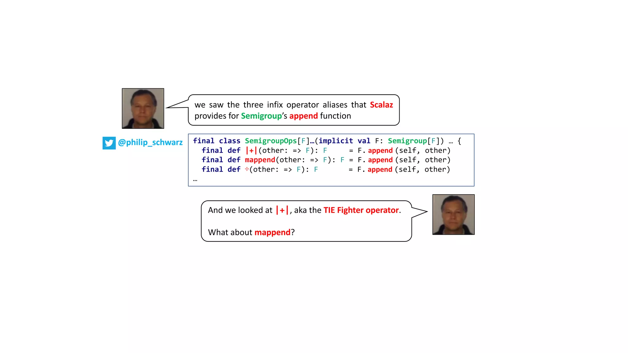 we saw the three infix operator aliases that Scalaz
provides for Semigroup’s append function
final class SemigroupOps[F]…(implicit val F: Semigroup[F]) … {
final def |+|(other: => F): F = F. append (self, other)
final def mappend(other: => F): F = F. append (self, other)
final def ⊹(other: => F): F = F. append (self, other)
…
@philip_schwarz
And we looked at |+|, aka the TIE Fighter operator.
What about mappend?
 
