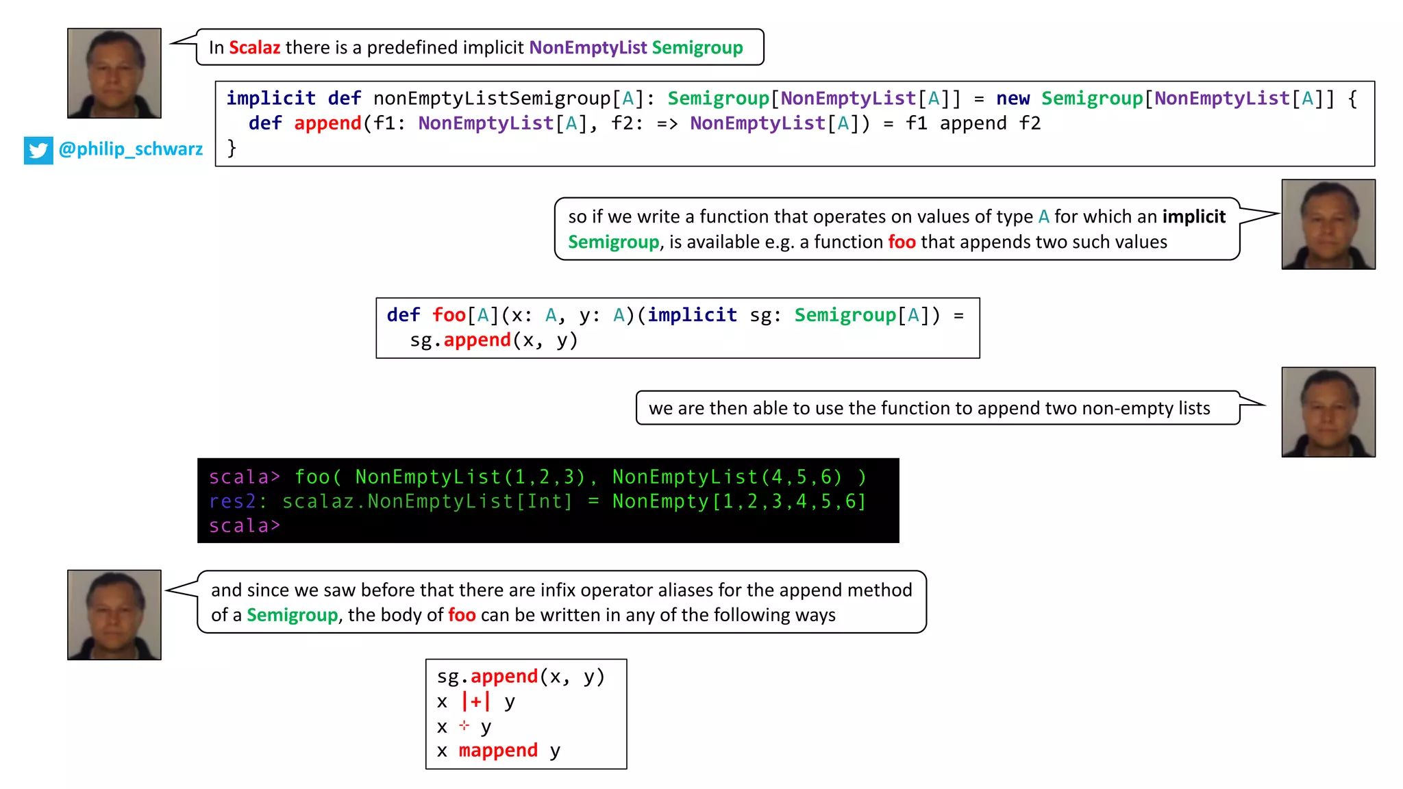 def foo[A](x: A, y: A)(implicit sg: Semigroup[A]) =
sg.append(x, y)
implicit def nonEmptyListSemigroup[A]: Semigroup[NonEmptyList[A]] = new Semigroup[NonEmptyList[A]] {
def append(f1: NonEmptyList[A], f2: => NonEmptyList[A]) = f1 append f2
}
In Scalaz there is a predefined implicit NonEmptyList Semigroup
@philip_schwarz
so if we write a function that operates on values of type A for which an implicit
Semigroup, is available e.g. a function foo that appends two such values
we are then able to use the function to append two non-empty lists
scala> foo( NonEmptyList(1,2,3), NonEmptyList(4,5,6) )
res2: scalaz.NonEmptyList[Int] = NonEmpty[1,2,3,4,5,6]
scala>
sg.append(x, y)
x |+| y
x ⊹ y
x mappend y
and since we saw before that there are infix operator aliases for the append method
of a Semigroup, the body of foo can be written in any of the following ways
 
