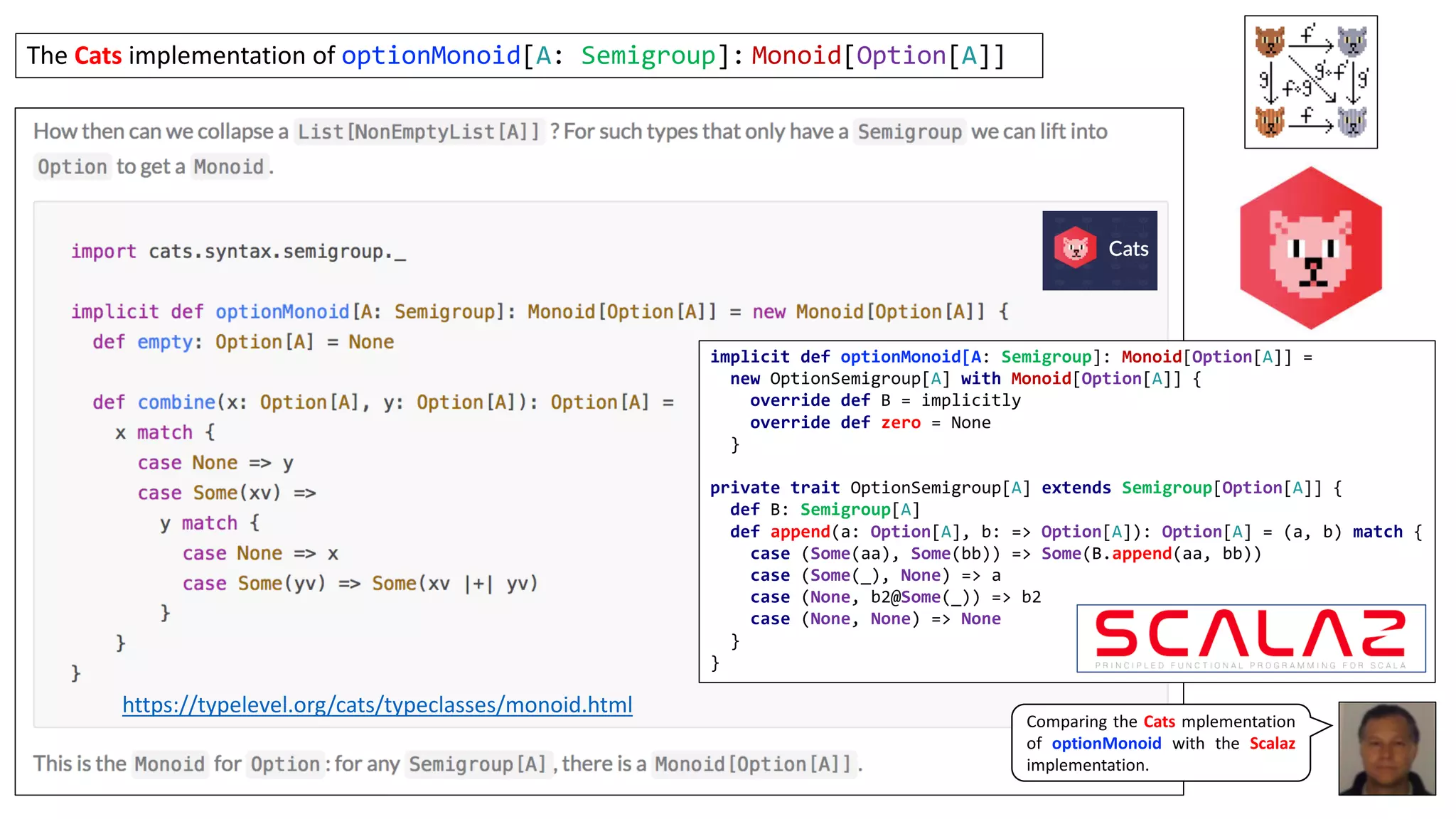 Comparing the Cats mplementation
of optionMonoid with the Scalaz
implementation.
The	Cats implementation	of	optionMonoid[A: Semigroup]: Monoid[Option[A]]
https://typelevel.org/cats/typeclasses/monoid.html
implicit def optionMonoid[A: Semigroup]: Monoid[Option[A]] =
new OptionSemigroup[A] with Monoid[Option[A]] {
override def B = implicitly
override def zero = None
}
private trait OptionSemigroup[A] extends Semigroup[Option[A]] {
def B: Semigroup[A]
def append(a: Option[A], b: => Option[A]): Option[A] = (a, b) match {
case (Some(aa), Some(bb)) => Some(B.append(aa, bb))
case (Some(_), None) => a
case (None, b2@Some(_)) => b2
case (None, None) => None
}
}
 
