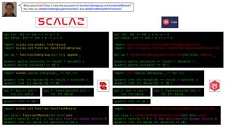 What about Cats? Does it have the equivalent of function1Semigroup and function1Monoid?
Yes, they are catsKernelSemigroupForFunction1 and catsKernelMonoidForFunction1.
val inc: Int => Int = x => x + 1
val twice: Int => Int = x => x + x
import scalaz.std.anyVal.intInstance
import scalaz.std.function.function1Semigroup
val op = function1Semigroup[Int,Int].append _
assert( op(inc,twice)(3) == inc(3) + twice(3) )
assert( op(inc,twice)(3) == 10 )
val f: Int => Int =
inc |+| twice
val f: Function1[Int,Int] =
inc |+| twice
assert( f(3) == 10 )
import scalaz.std.function.function1Monoid
val zero = function1Monoid[Int,Int].zero
assert( zero(3) == 0 ) // the zero function always returns 0
assert( (inc |+| twice |+| zero)(3) == 10 )
import scalaz.syntax.semigroup._ // for |+|
assert( (inc |+| twice)(3) == inc(3) + twice(3) )
assert( (inc |+| twice)(3) == 10 )
val inc: Int => Int = x => x + 1
val twice: Int => Int = x => x + x
import cats.instances.int.catsKernelStdGroupForInt
import cats.instances.function.catsKernelSemigroupForFunction1
val op = catsKernelSemigroupForFunction1[Int,Int].combine _
assert( op(inc,twice)(3) == inc(3) + twice(3) )
assert( op(inc,twice)(3) == 10 )
import cats.instances.function.catsKernelMonoidForFunction1
val zero = catsKernelMonoidForFunction1[Int,Int].empty
assert( zero(3) == 0 ) // the zero function always returns 0
assert( (inc |+| twice |+| zero)(3) == 10)
val f: Int => Int =
inc |+| twice
val f: Function1[Int,Int] =
inc |+| twice
assert( f(3) == 10 )
import cats.syntax.semigroup._ // for |+|
assert( (inc |+| twice)(3) == inc(3) + twice(3) )
assert( (inc |+| twice)(3) == 10 )
 