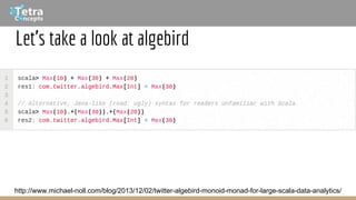 Let’s take a look at algebird
http://www.michael-noll.com/blog/2013/12/02/twitter-algebird-monoid-monad-for-large-scala-data-analytics/
 