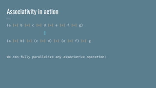 Associativity in action
(a |+| b |+| c |+| d |+| e |+| f |+| g)
↕
(a |+| b) |+| (c |+| d) |+| (e |+| f) |+| g
We can fully parallelize any associative operation!
 