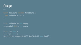 Groups
trait Group[A] extends Monoid[A] {
def inverse(a: A): A
}
a |+| inverse(a) === empty
inverse(a) |+| a === empty
5 + (-5) === 0
4 * (¼) === 1
Set(1,2,3) symmetricDiff Set(1,2,3) === Set()
 