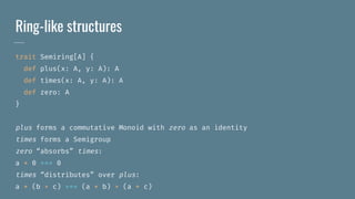 Ring-like structures
trait Semiring[A] {
def plus(x: A, y: A): A
def times(x: A, y: A): A
def zero: A
}
plus forms a commutative Monoid with zero as an identity
times forms a Semigroup
zero “absorbs” times:
a * 0 === 0
times “distributes” over plus:
a * (b + c) === (a * b) + (a * c)
 