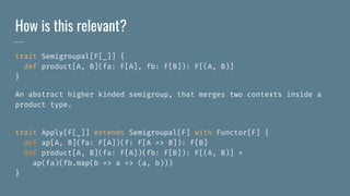 How is this relevant?
trait Semigroupal[F[_]] {
def product[A, B](fa: F[A], fb: F[B]): F[(A, B)]
}
An abstract higher kinded semigroup, that merges two contexts inside a
product type.
trait Apply[F[_]] extends Semigroupal[F] with Functor[F] {
def ap[A, B](fa: F[A])(f: F[A => B]): F[B]
def product[A, B](fa: F[A])(fb: F[B]): F[(A, B)] =
ap(fa)(fb.map(b => a => (a, b)))
}
 