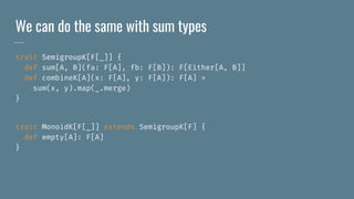 We can do the same with sum types
trait SemigroupK[F[_]] {
def sum[A, B](fa: F[A], fb: F[B]): F[Either[A, B]]
def combineK[A](x: F[A], y: F[A]): F[A] =
sum(x, y).map(_.merge)
}
trait MonoidK[F[_]] extends SemigroupK[F] {
def empty[A]: F[A]
}
 