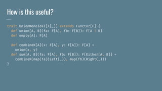 How is this useful?
trait UnionMonoidal[F[_]] extends Functor[F] {
def union[A, B](fa: F[A], fb: F[B]): F[A | B]
def empty[A]: F[A]
def combineK[A](x: F[A], y: F[A]): F[A] =
union(x, y)
def sum[A, B](fa: F[A], fb: F[B]): F[Either[A, B]] =
combineK(map(fa)(Left(_)), map(fb)(Right(_)))
}
 
