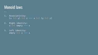 Monoid laws
1. Associativity:
(x |+| y) |+| z === x |+| (y |+| z)
2. Right identity:
x |+| empty === x
3. Left identity:
empty |+| x === x
 