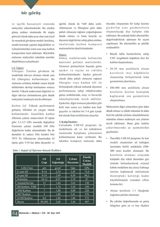 bir görüş
ve işçilik hassasiyeti oranında

ağırlık olarak da %60 daha azdır.

maliyetler yükselmektedir. Bu yüzden

Alüminyum ve fiberglasa göre daha

güneş arabası imalatında ilk etapta

pahalı olmasına rağmen yoğunluğunun

göreceli olarak daha ucuz olan cam elyaf

düşük olması ve buna karşılık iyi

ile monokok gövdenin modeli üretilmiş,

dayanım değerlerine sahip güneş arabası

model üzerinde yapılan değişiklikler ve

imalatında karbon kompozit

iyileştirmelerden sonra esas araç karbon

malzemelerini ideal kılmaktadır.

kompozitten imal edilmiştir. Böylelikle
malzeme maliyetleri mümkün mertebe

Matris:
Güneş arabalarında kullanılan

düşürülmeye çalışılmıştır.

önceden oluşturulan bir kalıp üzerine
giydirilip esas geometrilerin
oluşturulacağı dişi kalıplar elde
edilmiştir. Bu noktada farklı alternatifler
değerlendirilerek optimum bir seçim
yapılmıştır. Bu alternatifler şu şekilde
sıralanabilir:
• Büyük tabla hareketlerine sahip

m a t r i s l e r p o l i m e r m a t r i s l e r d i r.

Lif Tipleri:
Fiberglas: Üretilen gövdenin ilk
modelinde takviye elemanı olarak cam
lifi (fiberglas) kullanılmıştır. Bu
malzeme eritilmiş haldeki camın küçük
deliklerden akıtılıp katılaşması sonucu
üretilir. Yüksek mukavemet değerleri ve
diğer takviye elemanlarına göre düşük
maliyetleri nedeniyle tercih edilmiştir.

Termoset polimerlerin başında gelen
epoksi ve reçine en sıklıkla

CNC tezgahlarla köpükten bire bir
kalıbın oluşturulması,
• 20-30 mm aralıklarla alınan
kesitlerin ince köpüklerle

kullanılanlardandır. Epoksi göreceli

oluşturulup birleştirilerek kaba

olarak daha pahalı olmasına rağmen

geometrinin çıkarılması,

f i b e rg l a s v e y a k a r b o n l i f i i l e
birleştiğinde yüksek mekanik dayanım

• 300-400 mm aralıklarla alınan

performansına sahip olduklarından

kesitlerin üzerine kontrplak

güneş arabalarında, uzay ve havacılık

kaplayarak son geometrinin

teknolojilerinde tercih edilirler.

oluşturulması,

Epoksiler, diğer termoset plastikler gibi
Karbon Lif: Yüksek performanslı
gelişmiş liflerden en yaygın olarak
kullanılanıdır. Genellikle karbon

belli süre sonra sıvı halden katı hale

Maliyetinin diğer yöntemlere göre daha

geçerler ve takiben bir 3-4 gün içinde

düşük olması ve eldeki imkanlar ile daha

kür alarak final sertliklerine ulaşırlar.

hızlı bir şekilde çözüme ulaşılabilmenin

liflerinin çekme mukavemeti lif tipine
göre 3,1-5,5 GPa arasında değişirken
Elastisite çekme modülü 240 GPa
değerlerine kadar ulaşmaktadır. Bu da
demektir ki sadece lifin kendisi bile
7075 T6 Alüminyum alaşımından lif
tipine göre 5-10 kat daha dayanıklı ve

mümkün olması nedeniyle son yöntem
3. Kalıp İmalatı :
Çalışmada I-DEAS programı ile
modellenen alt ve üst kabukların
imalatında kalıplama yönteminin
kullanılmasına karar verilmiştir. Bu
teknikte kompozit malzeme daha

tercih edilmiştir. Buna göre kalıbın
çıkarılmasında şu aşamalardan
geçilmiştir;
•

Öncelikle I-DEAS programı ile katı
modeli oluşturulan alt kabuğun
üzerinden belirli aralıklarla (300-

Tablo 1. Değişik Lif Tiplerinin Mekanik Özellikleri

Lif
Çapı
Lifin Cinsi
E-cam lifi
S-cam lifi
Polietilen
Aramid-Kevlar
HS Karbon, T300
AS4 Karbon
IM7 Karbon
GY80 Karbon
Boron

μm
8-14
8-14
10-12
12
7
7
5
8,4
50-203

Lif
Yoğunluğu
3

g/cm
2,54
2,49
0,97
1,44
1,74
1,80
1,80
1,96
2,60

400 mm) kesitler alınmıştır. Bu
Çekme
Dayanımı
Gpa
3,45
4,58
2,70
3,62
3,54
4,00
5,41
1,86
3,44

Elastik
Çekme
Modülü
GPa
72,4
86,2
87
130
230
228
276
572
407

kesitlerin alınması sırasında
kalıptaki dişi erkek durumları göz
önünde bulundurularak orijinal
kabuk modelinin dış yüzeyi kaburga
üzerine kaplanacak malzemenin
(kontrplak) kalınlığı kadar
küçültülmüştür (standart offset
komutu ile).
•

Alınan kesitlerin 1:1 ölçeğinde
kağıtlara çıktıları alınmıştır.

•

Bu çıktılar doğrultusunda en geniş
bölgelere göre en ve boy ölçüleri

64

Mühendis ve Makina • Cilt : 48 Sayı: 569

 