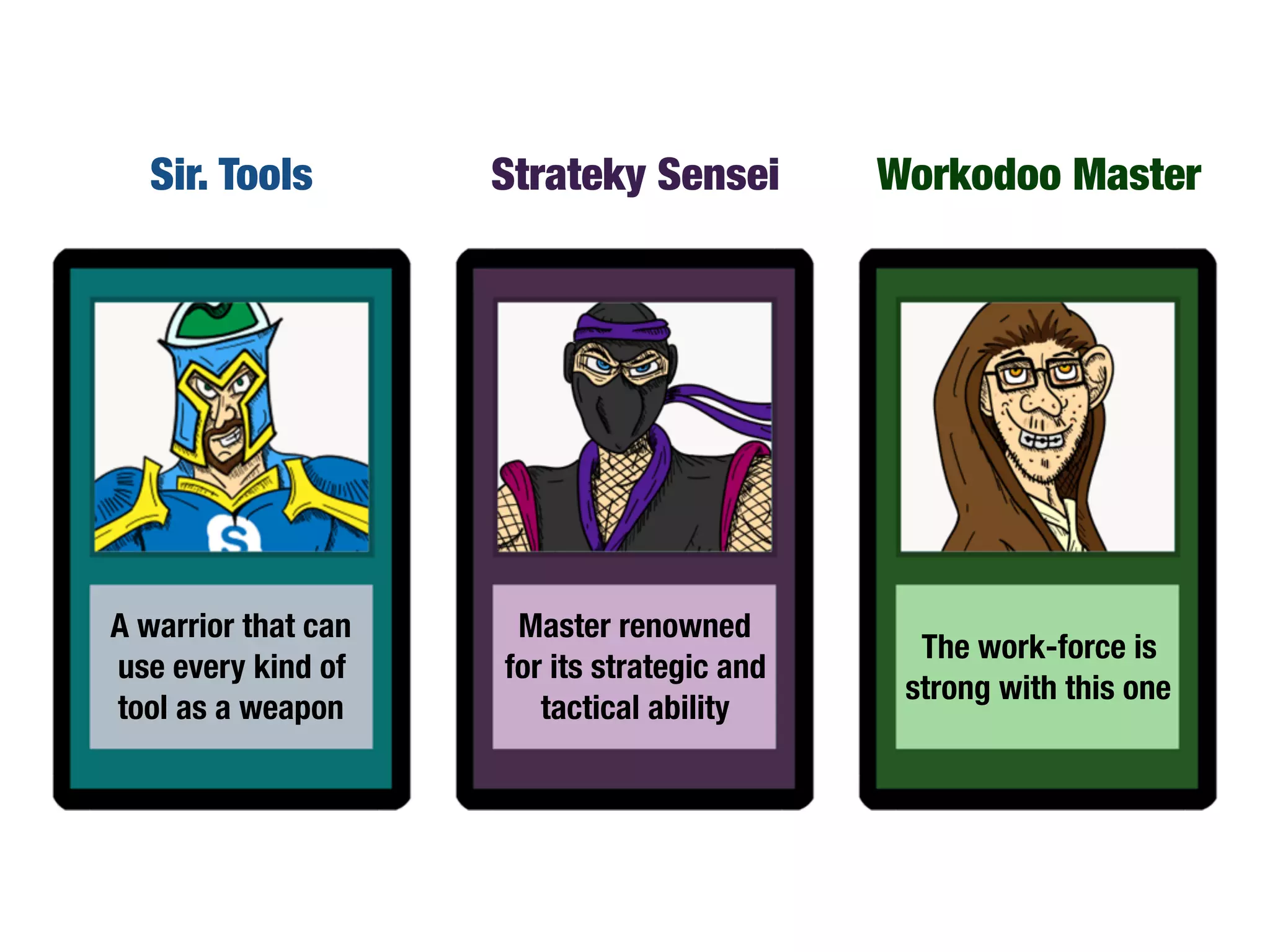 Sir. Tools
A warrior that can
use every kind of
tool as a weapon
Strateky Sensei
Master renowned
for its strategic and
tactical ability
Workodoo Master
The work-force is
strong with this one
 