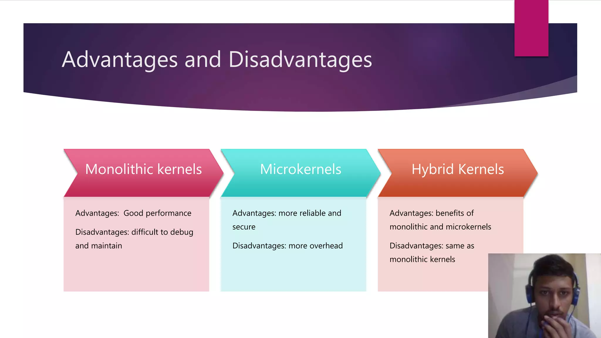 Advantages and Disadvantages
Monolithic kernels
Advantages: Good performance
Disadvantages: difficult to debug
and maintain
Microkernels
Advantages: more reliable and
secure
Disadvantages: more overhead
Hybrid Kernels
Advantages: benefits of
monolithic and microkernels
Disadvantages: same as
monolithic kernels
 